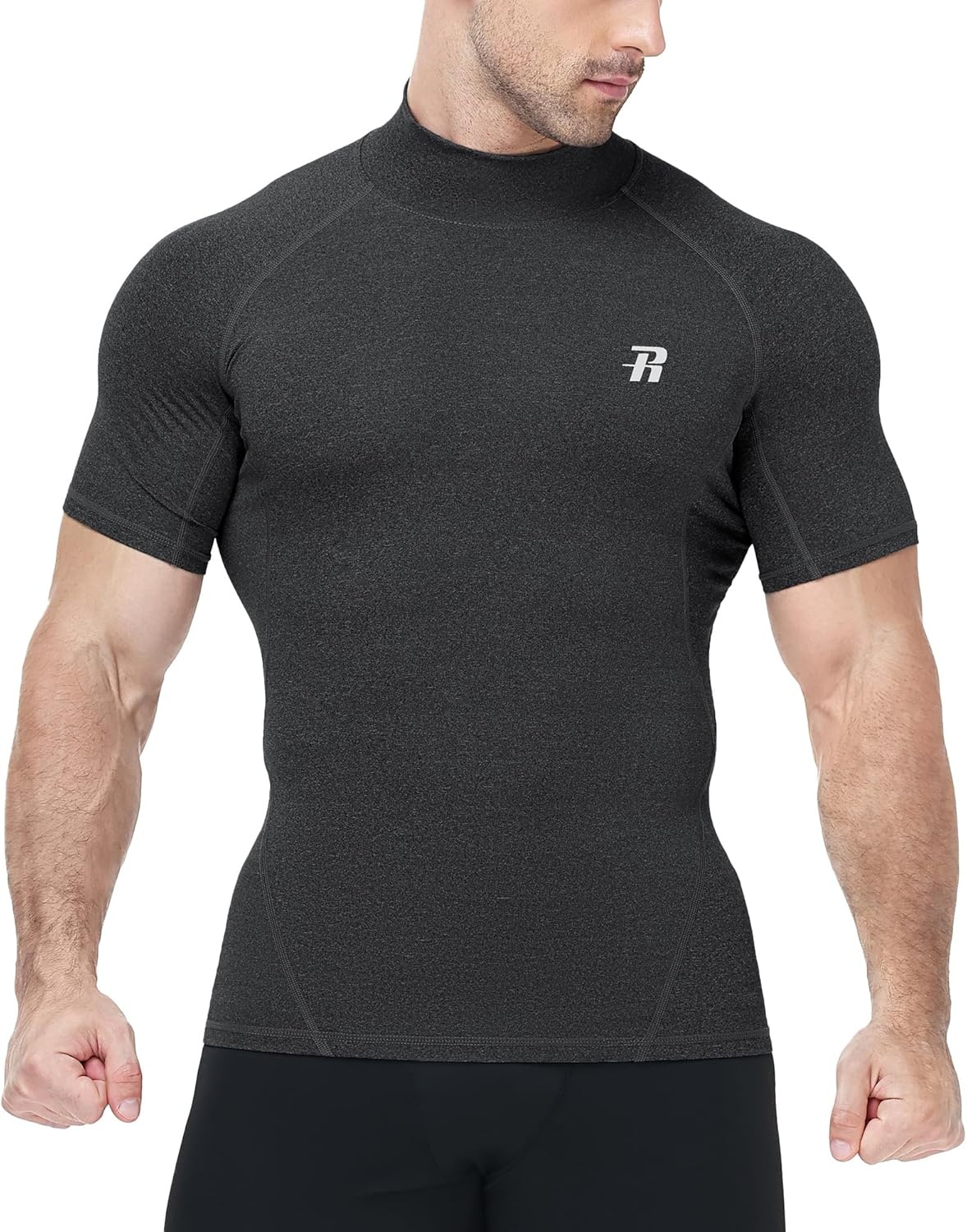 image:imageRunhit Mens Turtleneck Compression TShirt Short Sleeve Mock Neck Shirt UPF 50 Athletic Undershirt Football Gym RunningDark Charcoal Heather Gray