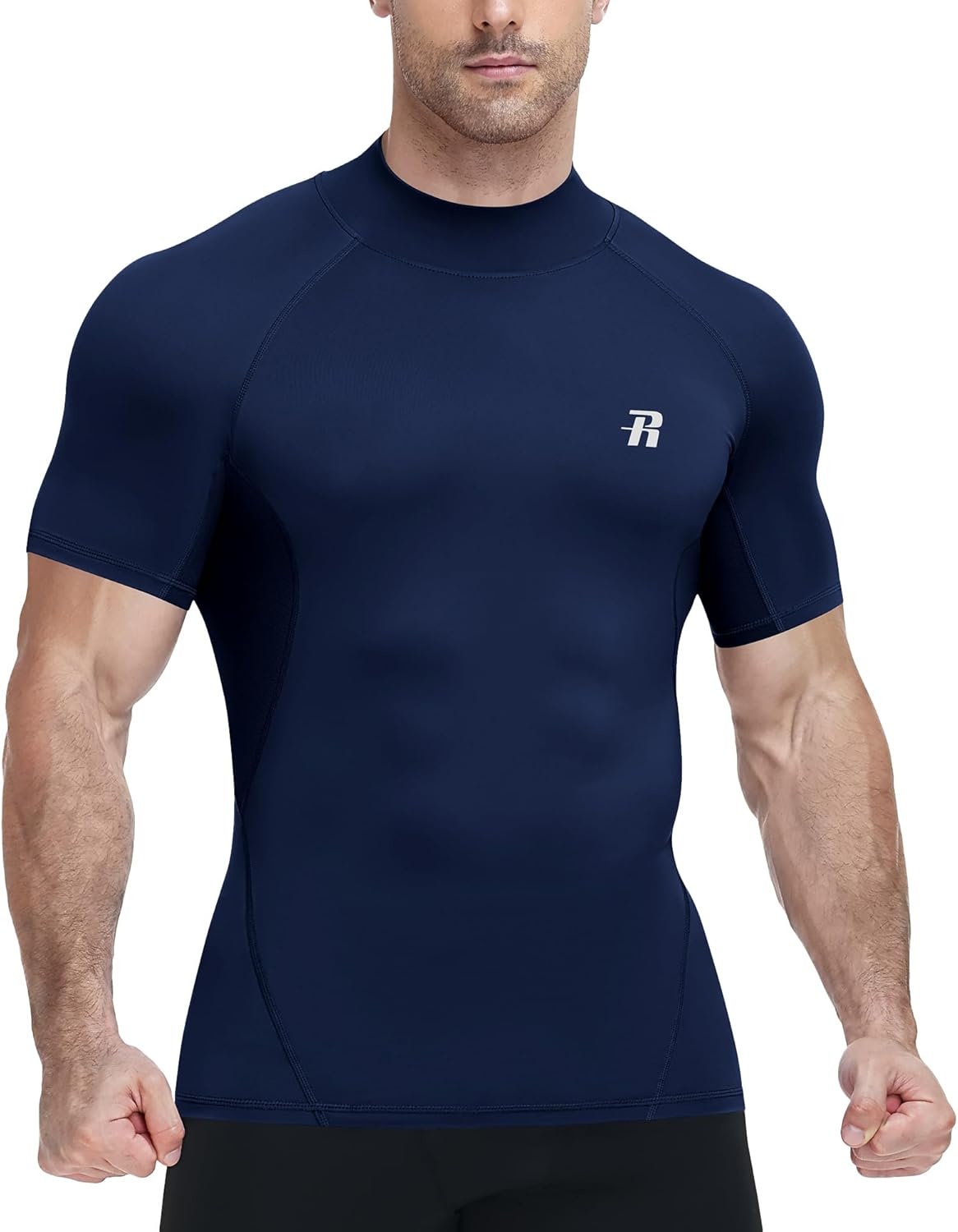 image:imageRunhit Mens Turtleneck Compression TShirt Short Sleeve Mock Neck Shirt UPF 50 Athletic Undershirt Football Gym RunningNavy Blue