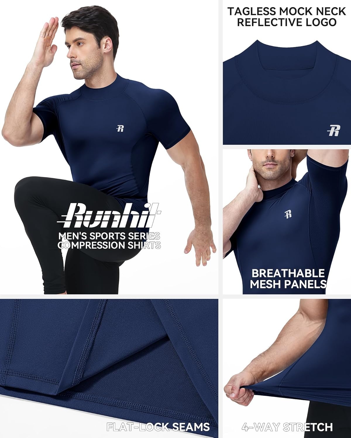 image:imageRunhit Mens Turtleneck Compression TShirt Short Sleeve Mock Neck Shirt UPF 50 Athletic Undershirt Football Gym RunningNavy Blue