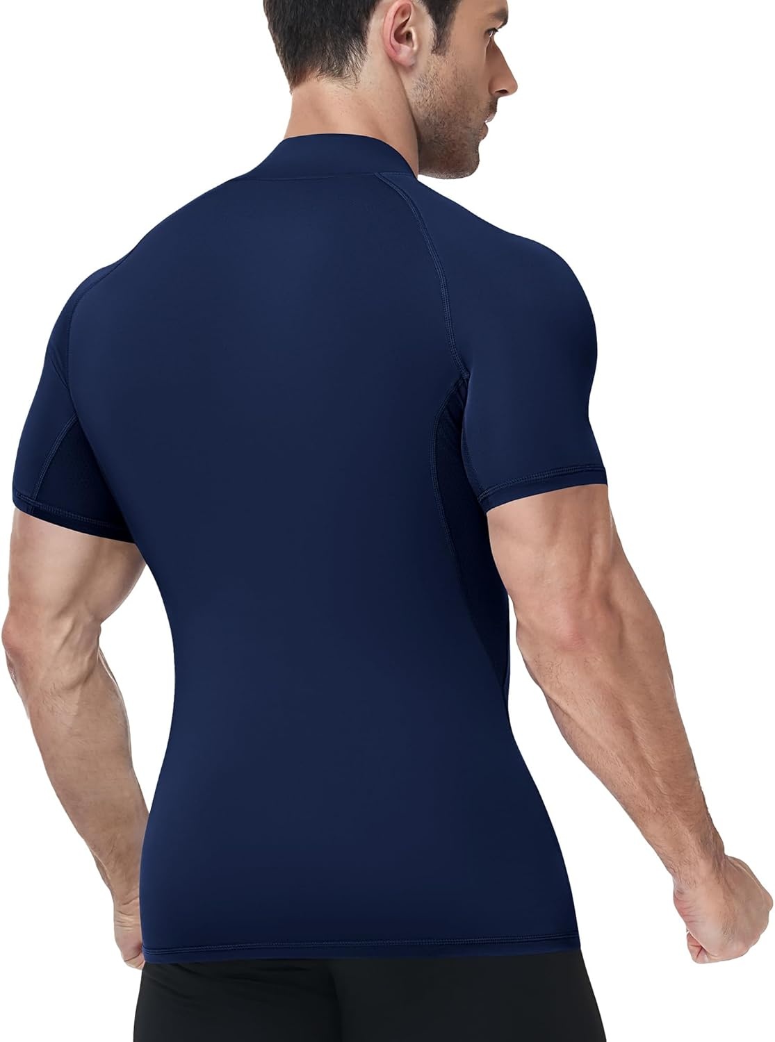 image:imageRunhit Mens Turtleneck Compression TShirt Short Sleeve Mock Neck Shirt UPF 50 Athletic Undershirt Football Gym RunningNavy Blue