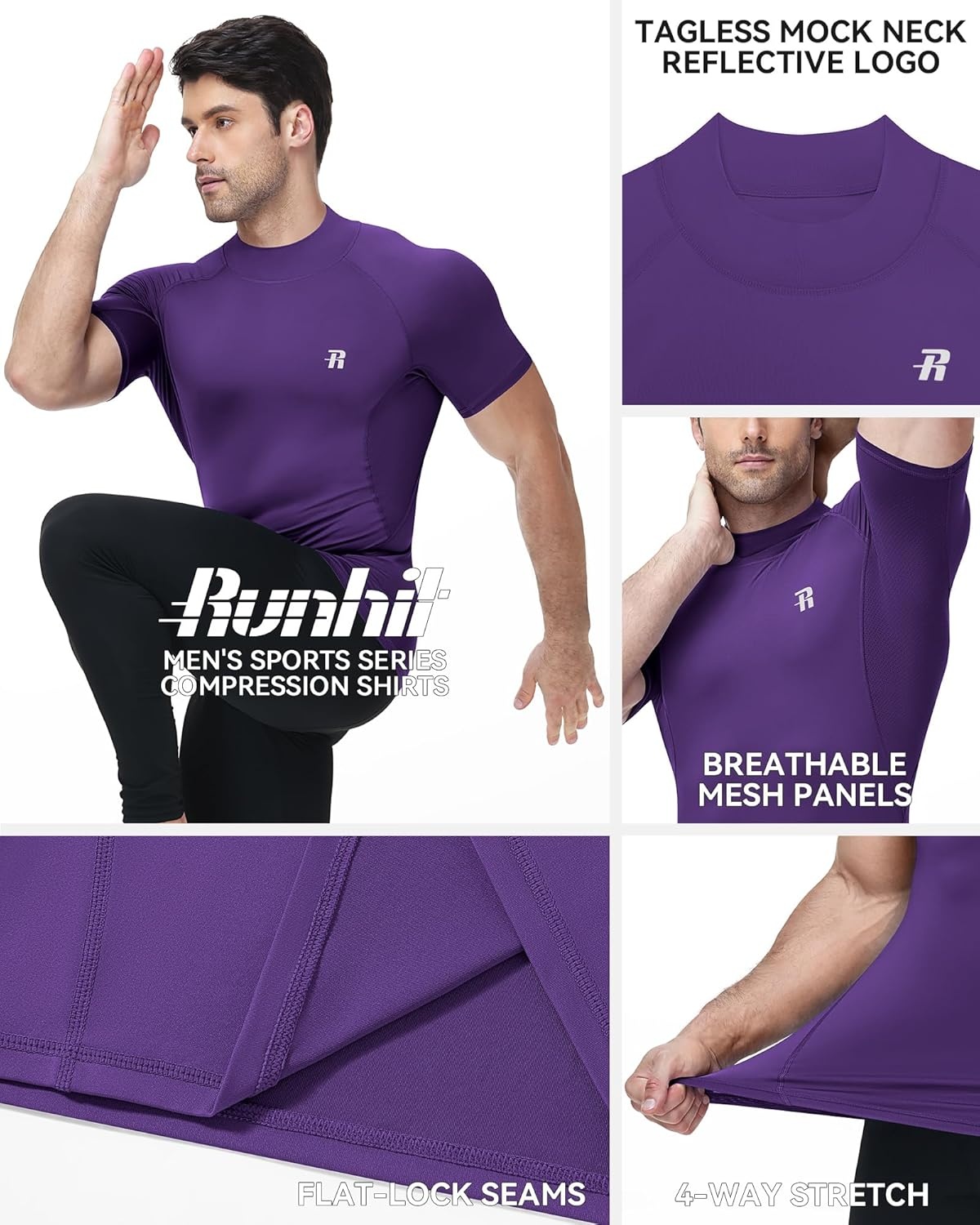 image:imageRunhit Mens Turtleneck Compression TShirt Short Sleeve Mock Neck Shirt UPF 50 Athletic Undershirt Football Gym RunningPurple