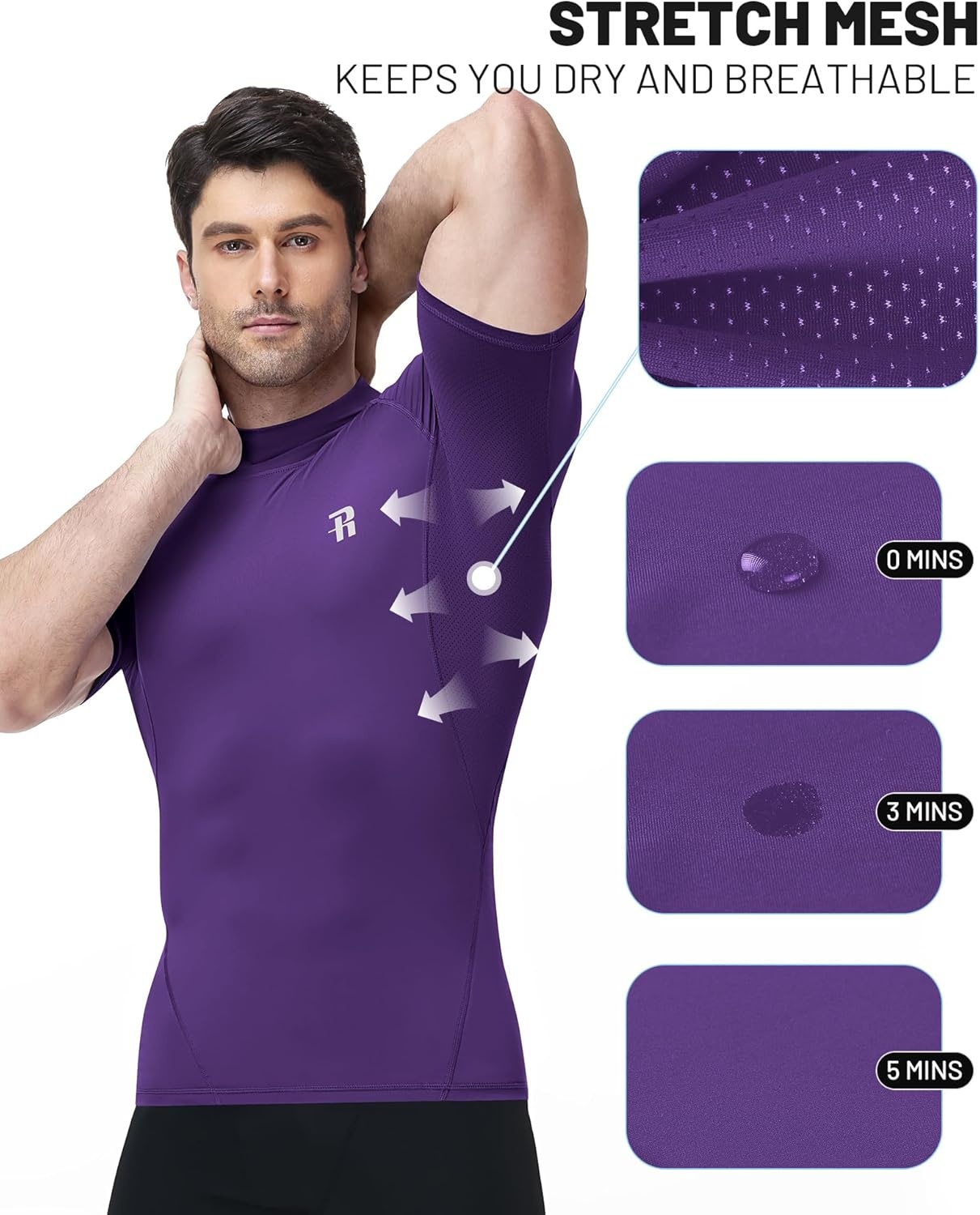 image:imageRunhit Mens Turtleneck Compression TShirt Short Sleeve Mock Neck Shirt UPF 50 Athletic Undershirt Football Gym RunningPurple