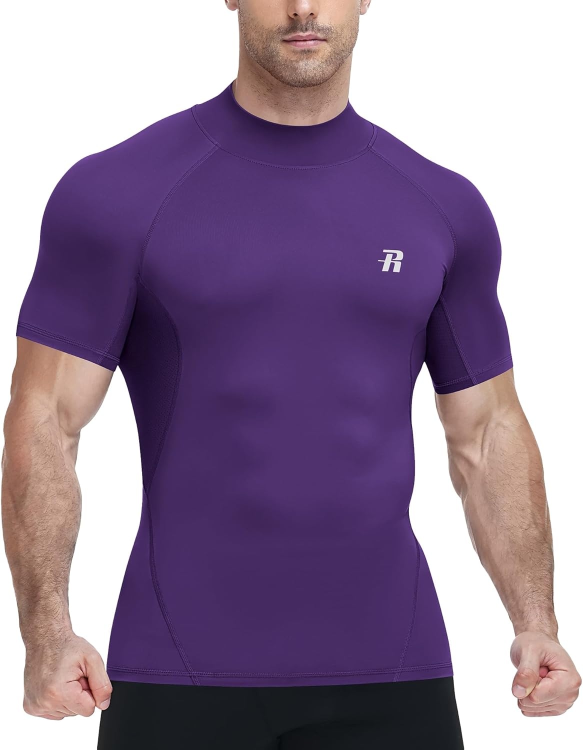 image:imageRunhit Mens Turtleneck Compression TShirt Short Sleeve Mock Neck Shirt UPF 50 Athletic Undershirt Football Gym RunningPurple