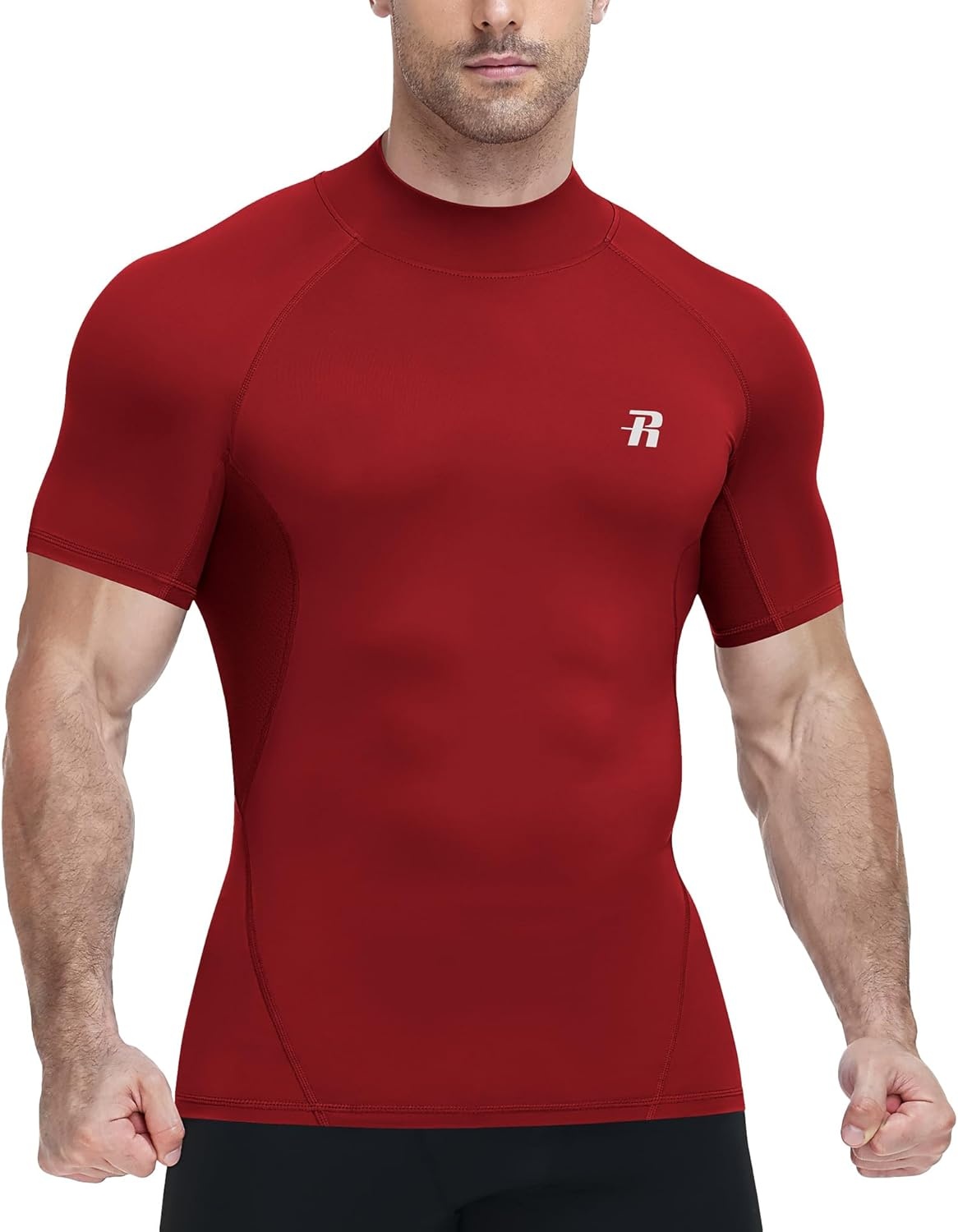 image:imageRunhit Mens Turtleneck Compression TShirt Short Sleeve Mock Neck Shirt UPF 50 Athletic Undershirt Football Gym RunningRed