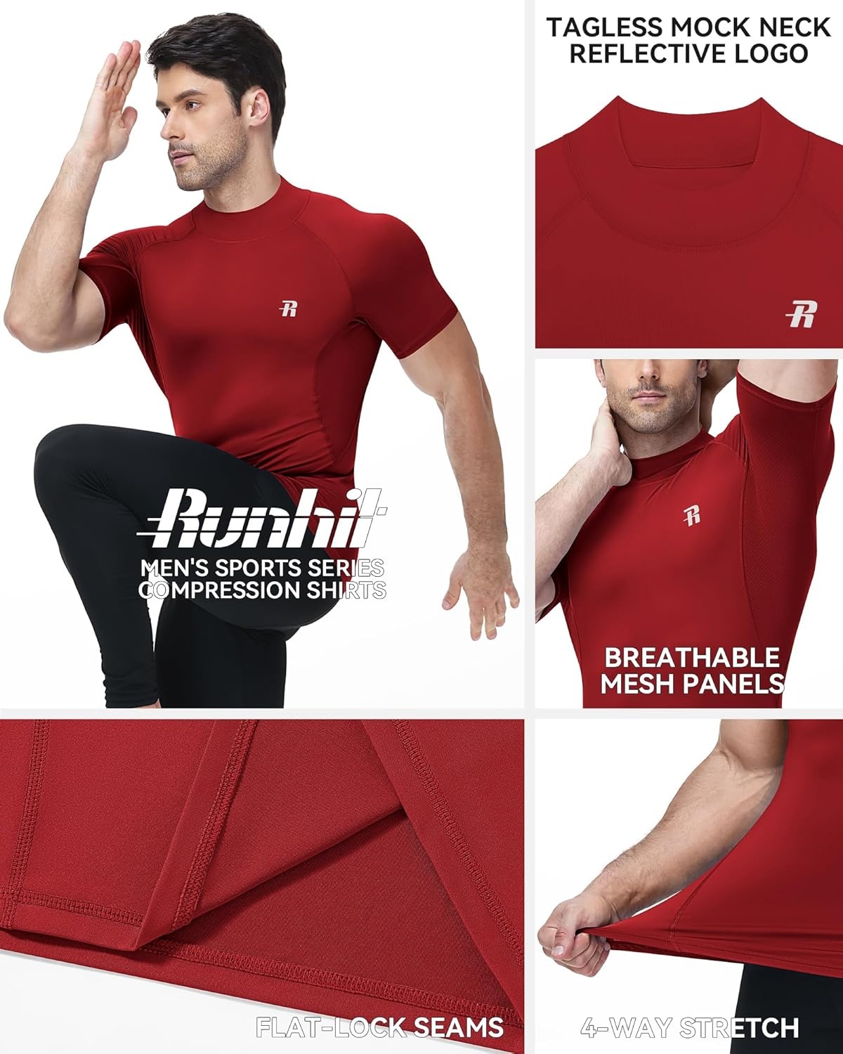 image:imageRunhit Mens Turtleneck Compression TShirt Short Sleeve Mock Neck Shirt UPF 50 Athletic Undershirt Football Gym RunningRed