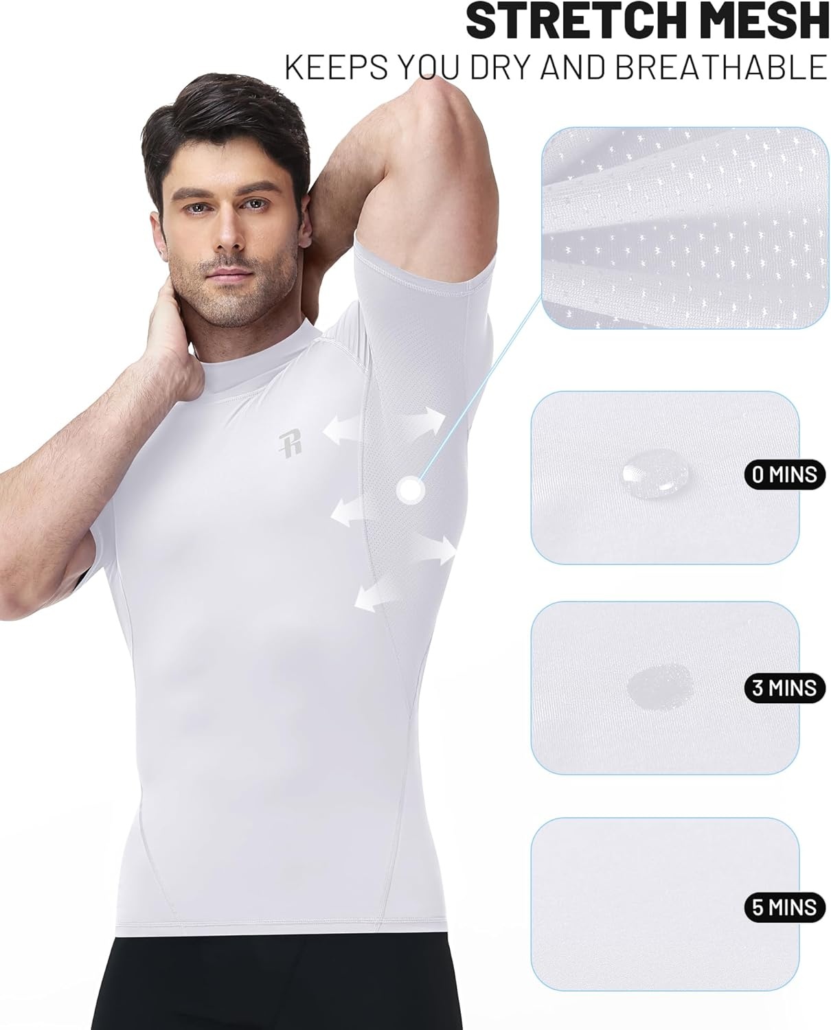image:imageRunhit Mens Turtleneck Compression TShirt Short Sleeve Mock Neck Shirt UPF 50 Athletic Undershirt Football Gym RunningWhite