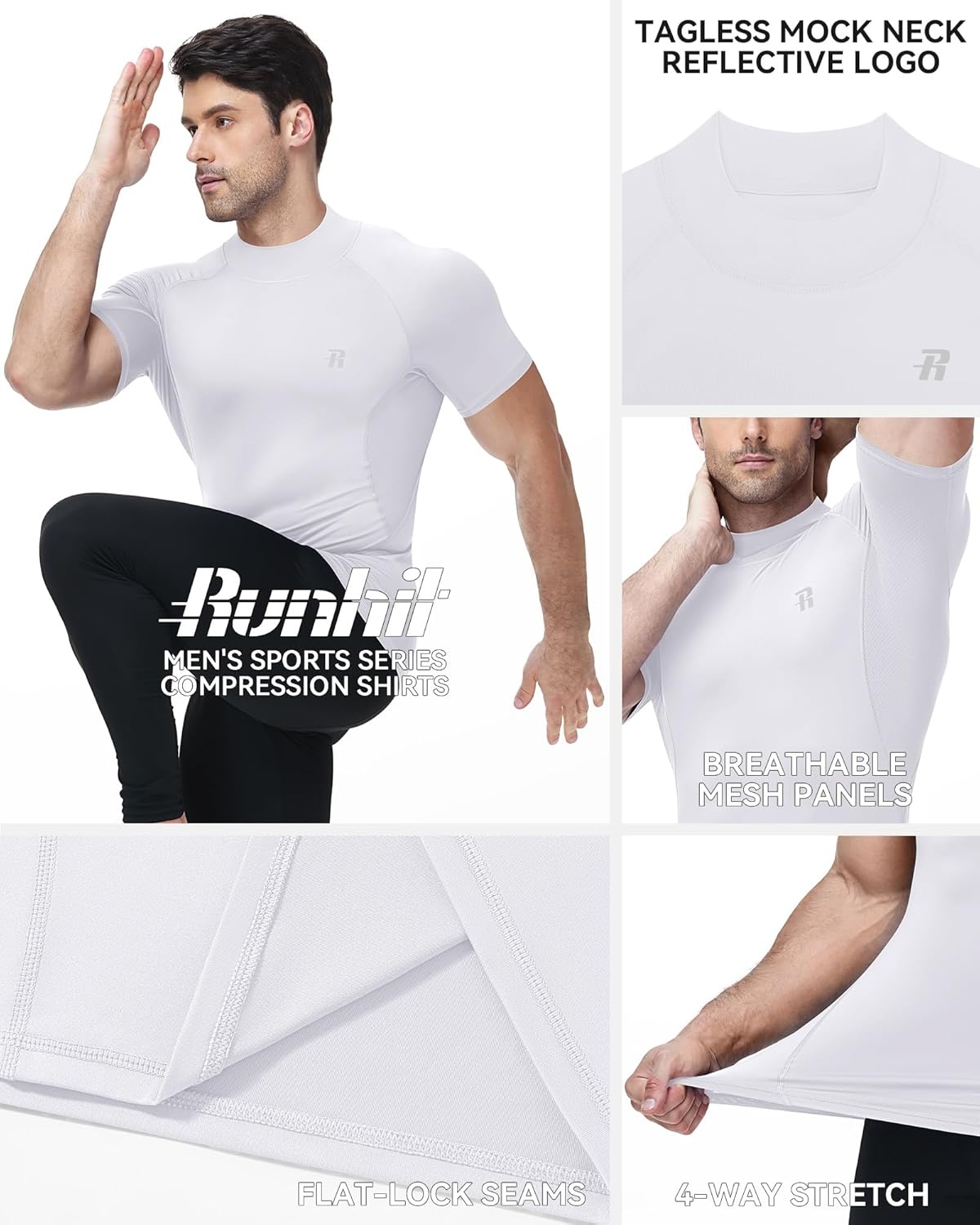 image:imageRunhit Mens Turtleneck Compression TShirt Short Sleeve Mock Neck Shirt UPF 50 Athletic Undershirt Football Gym RunningWhite