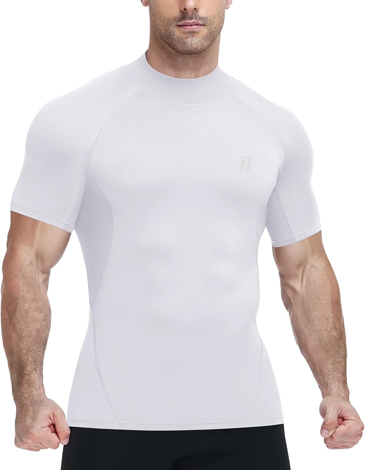 image:imageRunhit Mens Turtleneck Compression TShirt Short Sleeve Mock Neck Shirt UPF 50 Athletic Undershirt Football Gym RunningWhite