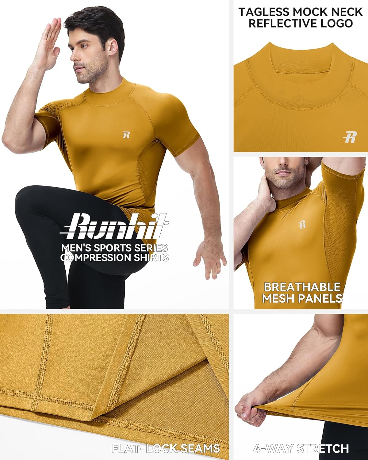 image:imageRunhit Mens Turtleneck Compression TShirt Short Sleeve Mock Neck Shirt UPF 50 Athletic Undershirt Football Gym RunningYellow