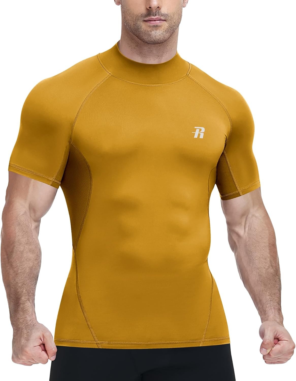 image:imageRunhit Mens Turtleneck Compression TShirt Short Sleeve Mock Neck Shirt UPF 50 Athletic Undershirt Football Gym RunningYellow