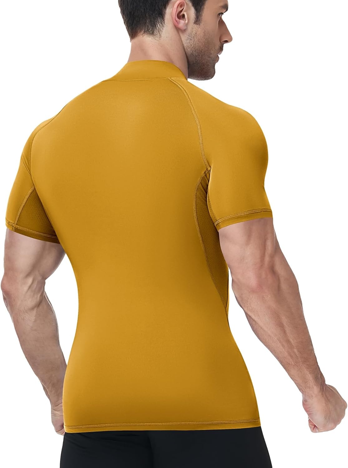 image:imageRunhit Mens Turtleneck Compression TShirt Short Sleeve Mock Neck Shirt UPF 50 Athletic Undershirt Football Gym RunningYellow