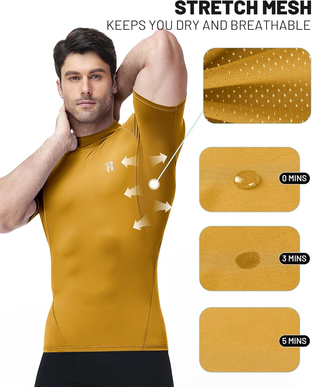 image:imageRunhit Mens Turtleneck Compression TShirt Short Sleeve Mock Neck Shirt UPF 50 Athletic Undershirt Football Gym RunningYellow