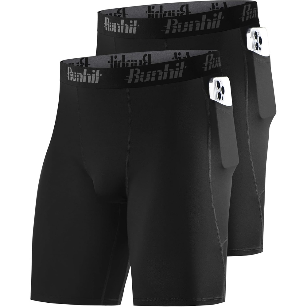 image:imageRunhit 2 Pack Mens Compression Shorts with Pockets 9 Performance Spandex Underwear Sport Athletic Workout Running Base LayerBlackblack