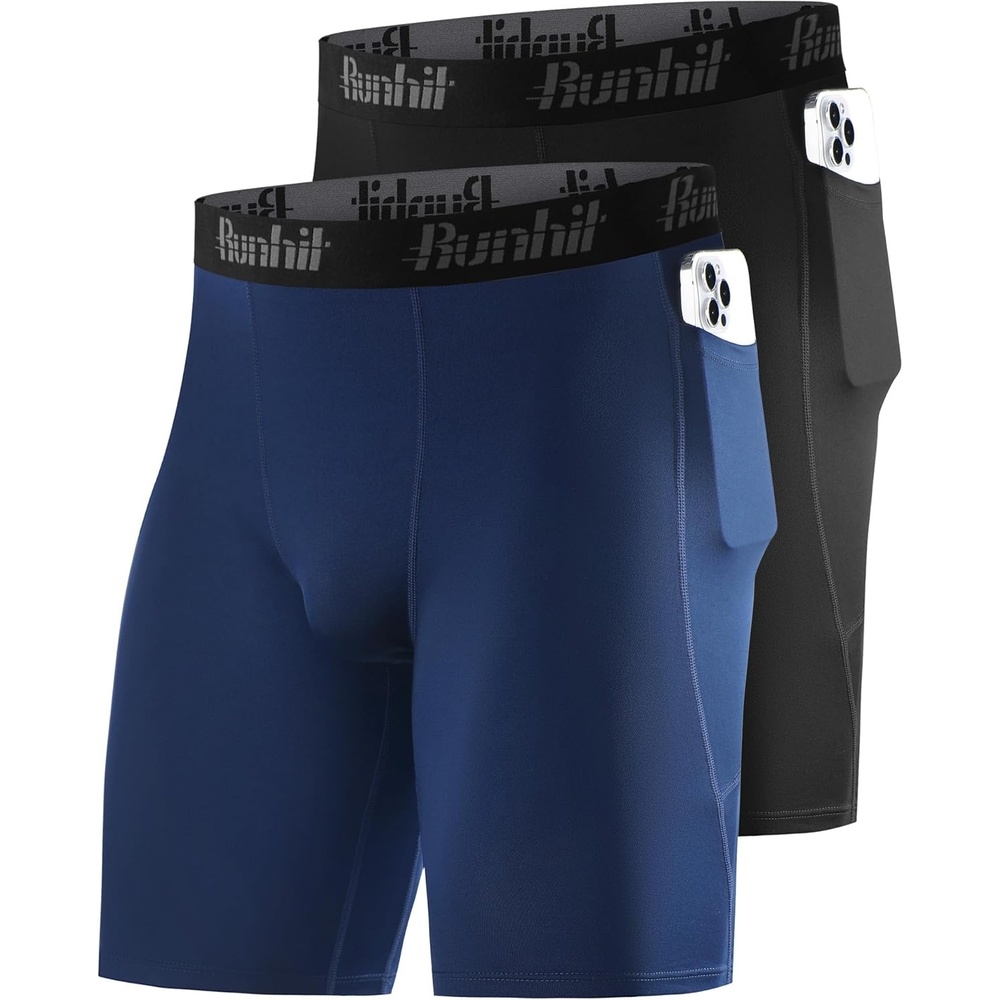 image:imageRunhit 2 Pack Mens Compression Shorts with Pockets 9 Performance Spandex Underwear Sport Athletic Workout Running Base LayerBlacknavy