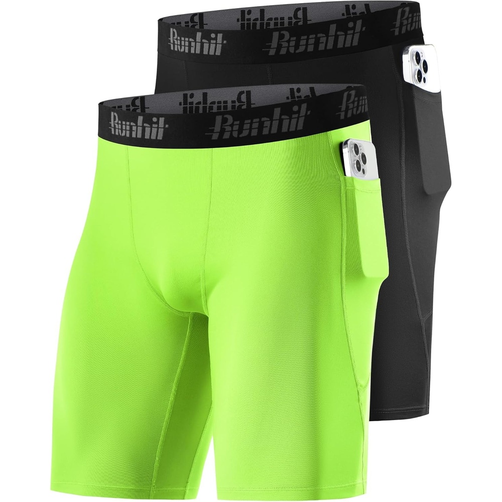 image:imageRunhit 2 Pack Mens Compression Shorts with Pockets 9 Performance Spandex Underwear Sport Athletic Workout Running Base LayerBlackneon Yellow