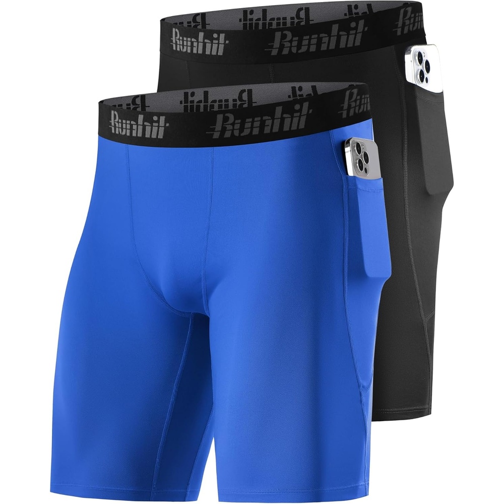 image:imageRunhit 2 Pack Mens Compression Shorts with Pockets 9 Performance Spandex Underwear Sport Athletic Workout Running Base LayerBlackroyal Blue