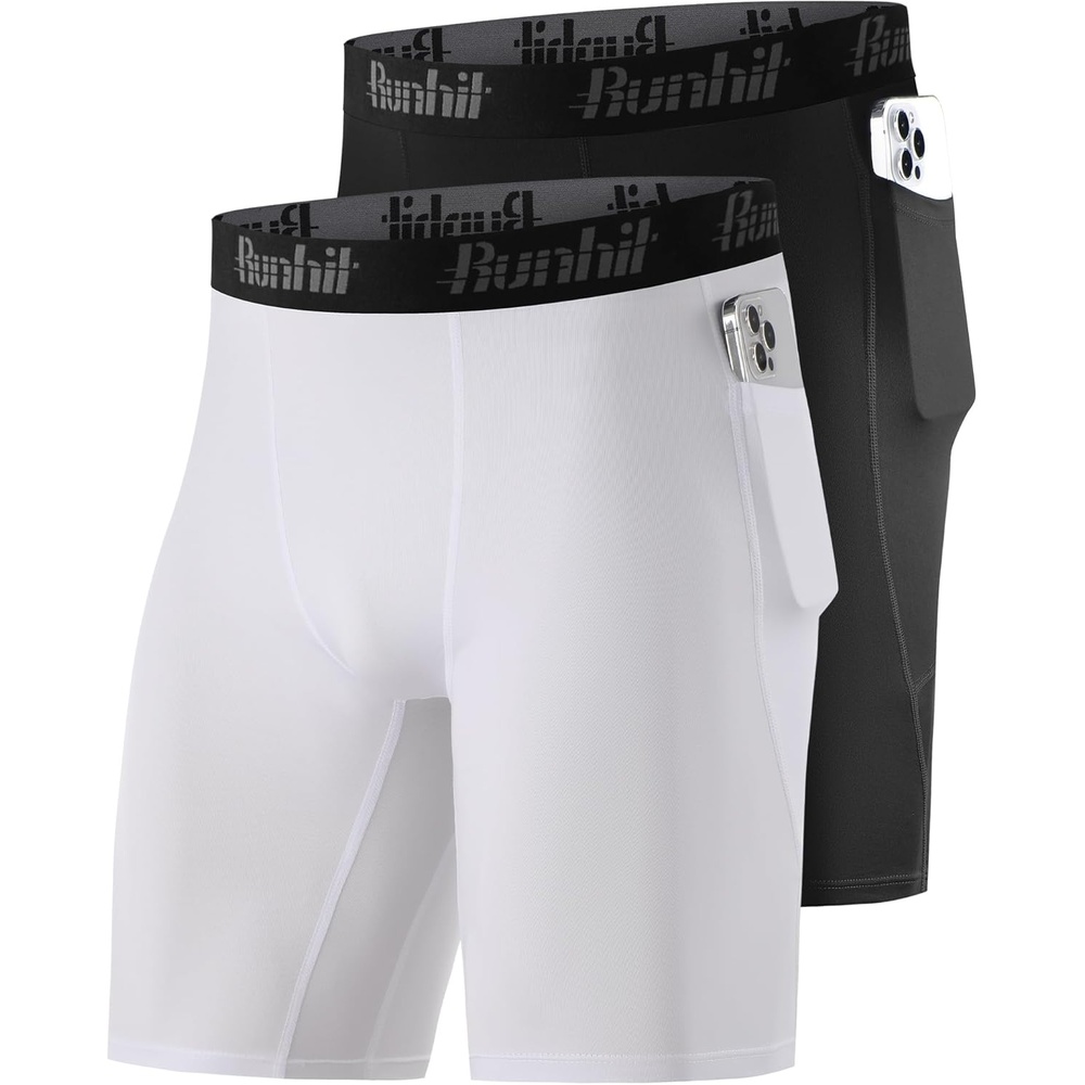 image:imageRunhit 2 Pack Mens Compression Shorts with Pockets 9 Performance Spandex Underwear Sport Athletic Workout Running Base LayerBlackwhite