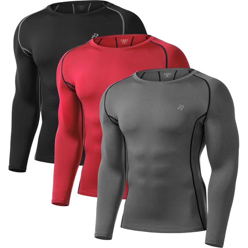image:imageRunhit Compression Shirts for Men Long Sleeve Cool Dry Athletic Workout Tee Shirts Fishing Sun Shirts Sports Thermal Tights3 Pack Black RedGray