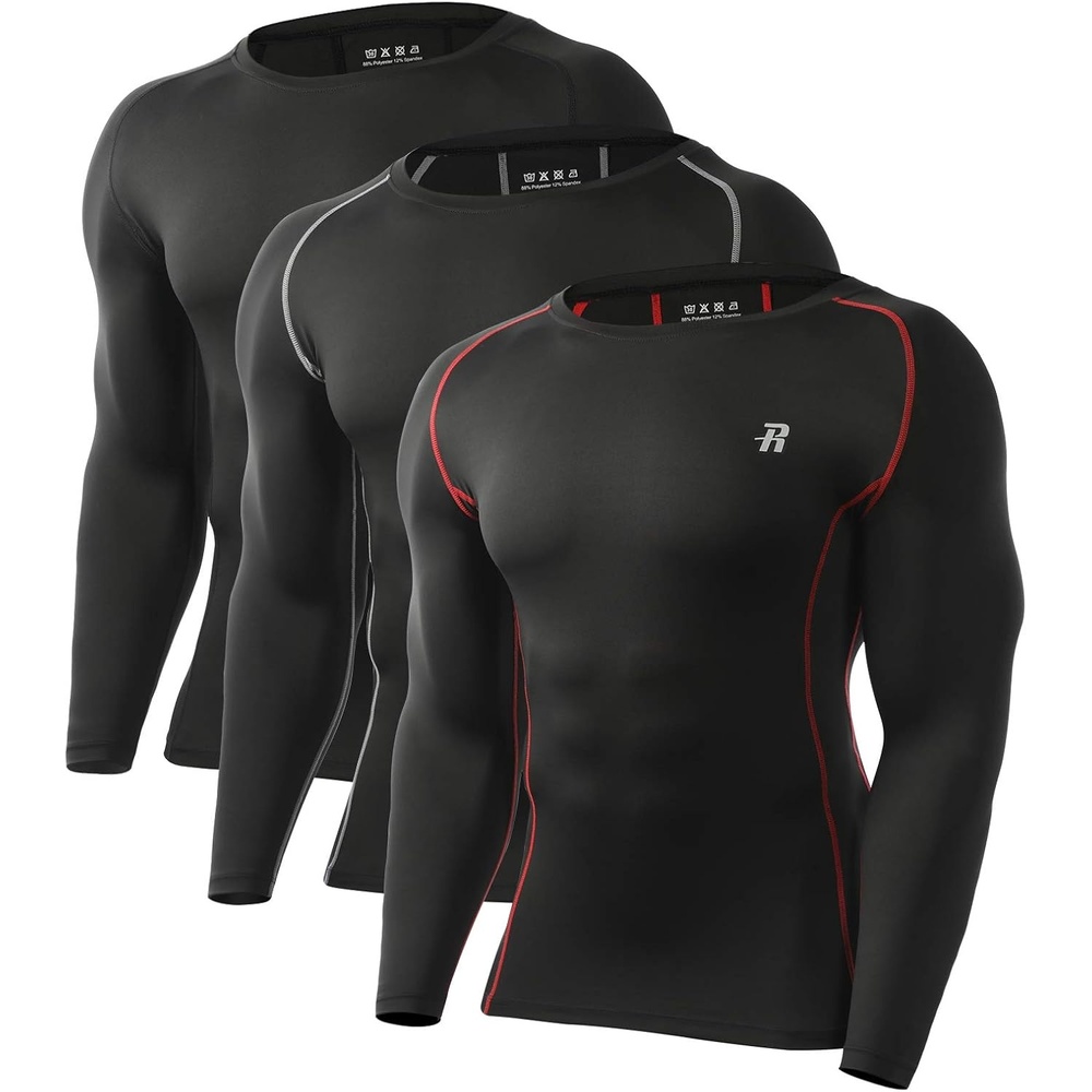 image:imageRunhit Compression Shirts for Men Long Sleeve Cool Dry Athletic Workout Tee Shirts Fishing Sun Shirts Sports Thermal Tights3 Pack BlackBlack RedBlack Gray