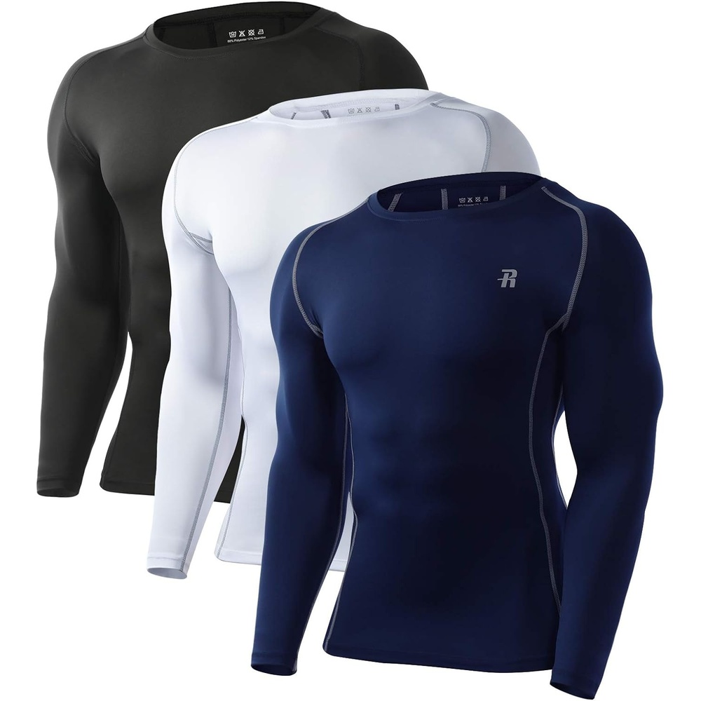 image:imageRunhit Compression Shirts for Men Long Sleeve Cool Dry Athletic Workout Tee Shirts Fishing Sun Shirts Sports Thermal Tights3 Pack BlackWhiteNavy
