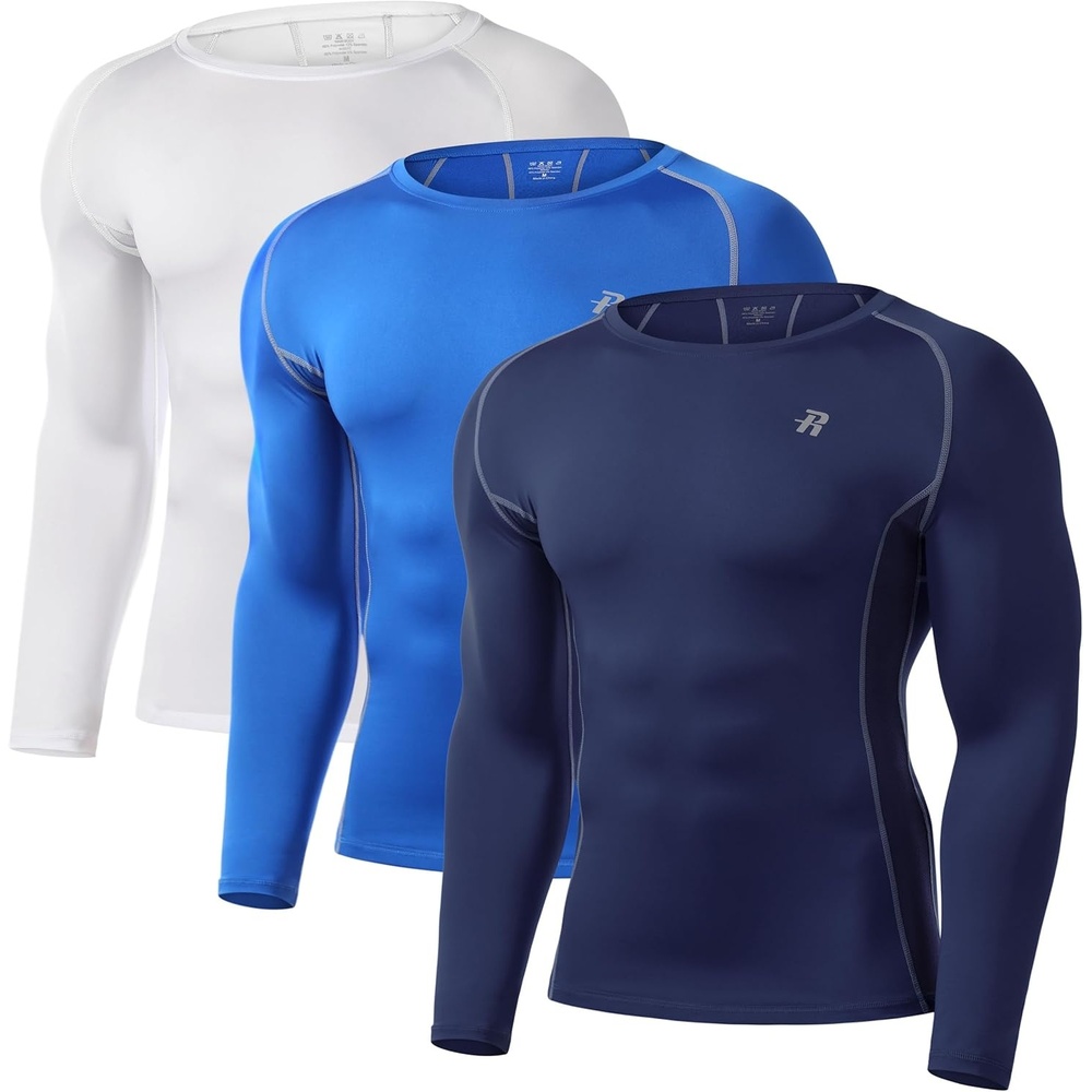 image:imageRunhit Compression Shirts for Men Long Sleeve Cool Dry Athletic Workout Tee Shirts Fishing Sun Shirts Sports Thermal Tights3 Pack WhiteBlueNavy