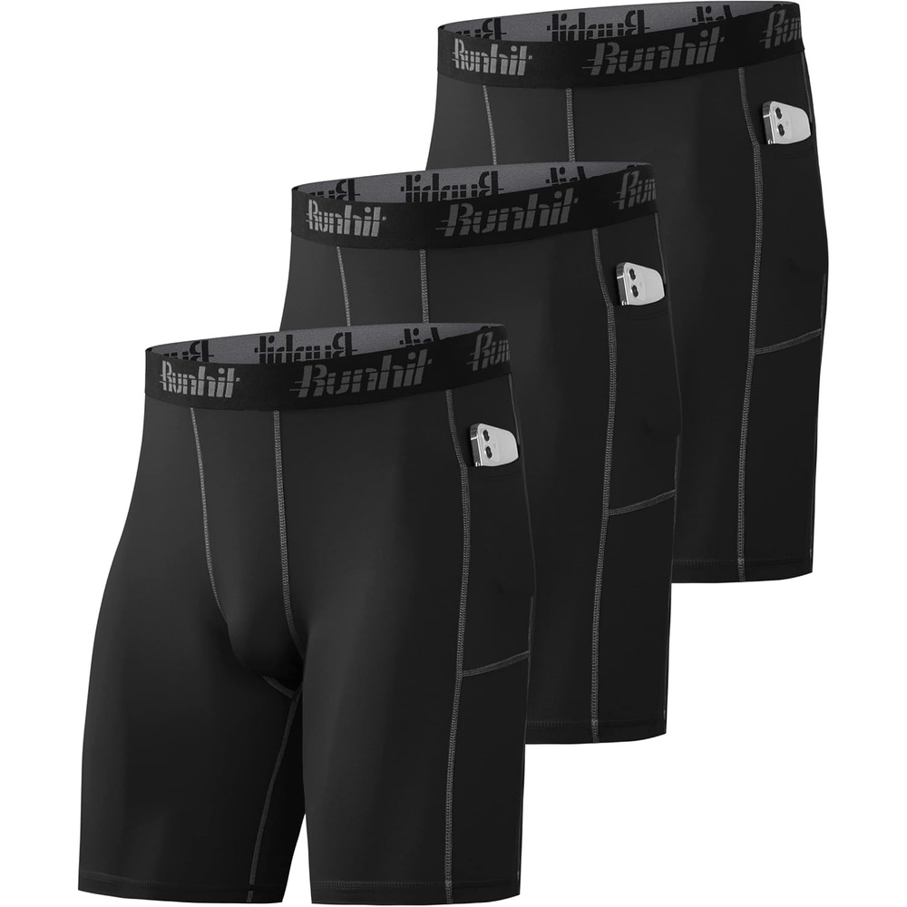 image:imageRunhit Compression Shorts Men Underwear Spandex Running Shorts Workout Athletic3 Pack Pocketblack Grey