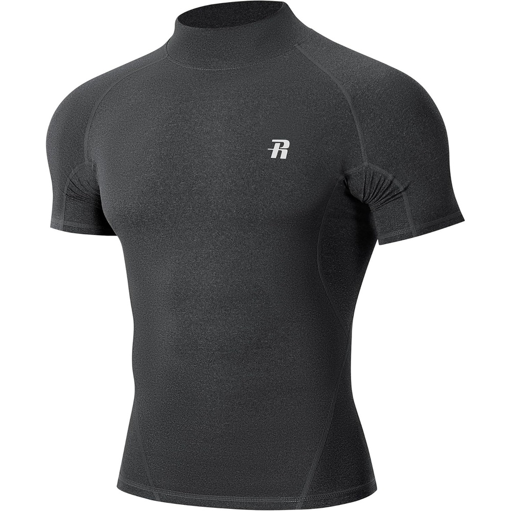 image:imageRunhit Mens Turtleneck Compression TShirt Short Sleeve Mock Neck Shirt UPF 50 Athletic Undershirt Football Gym RunningDark Charcoal Heather Gray