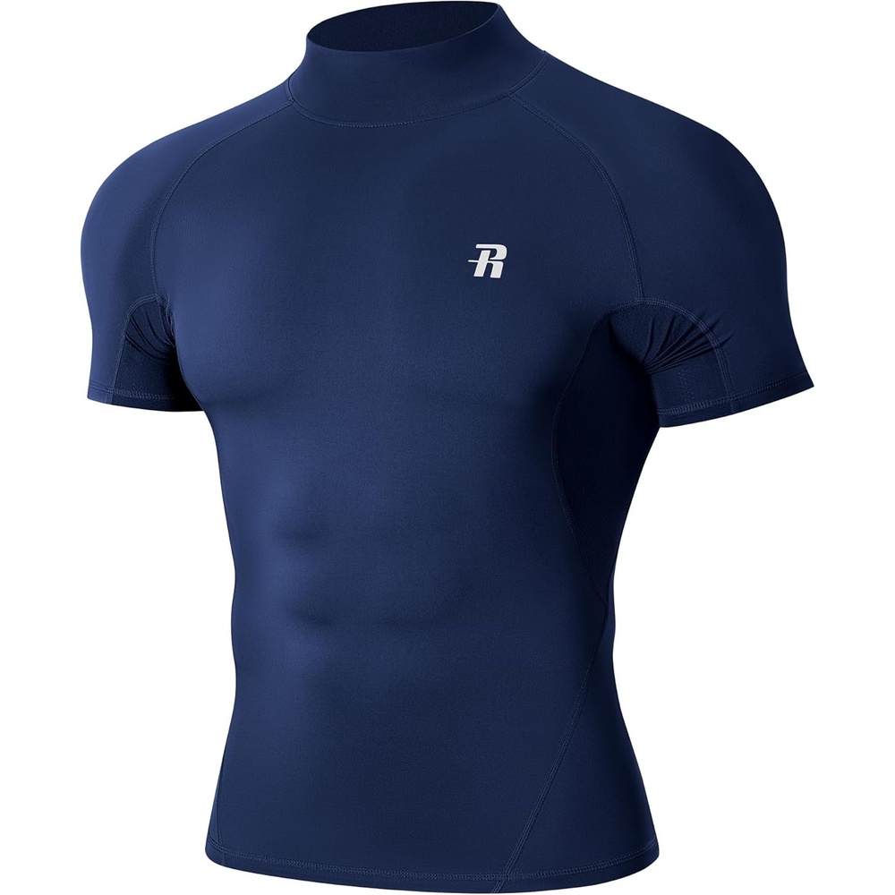 image:imageRunhit Mens Turtleneck Compression TShirt Short Sleeve Mock Neck Shirt UPF 50 Athletic Undershirt Football Gym RunningNavy Blue