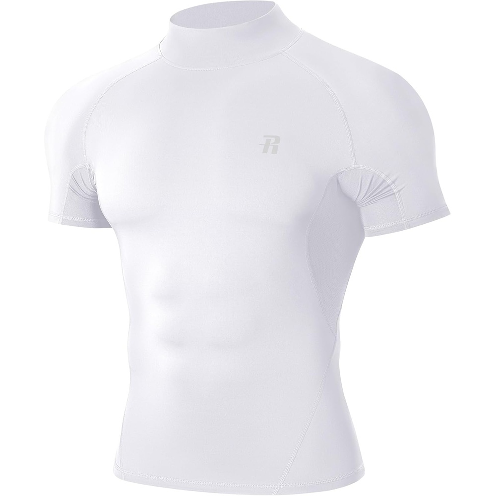 image:imageRunhit Mens Turtleneck Compression TShirt Short Sleeve Mock Neck Shirt UPF 50 Athletic Undershirt Football Gym RunningWhite