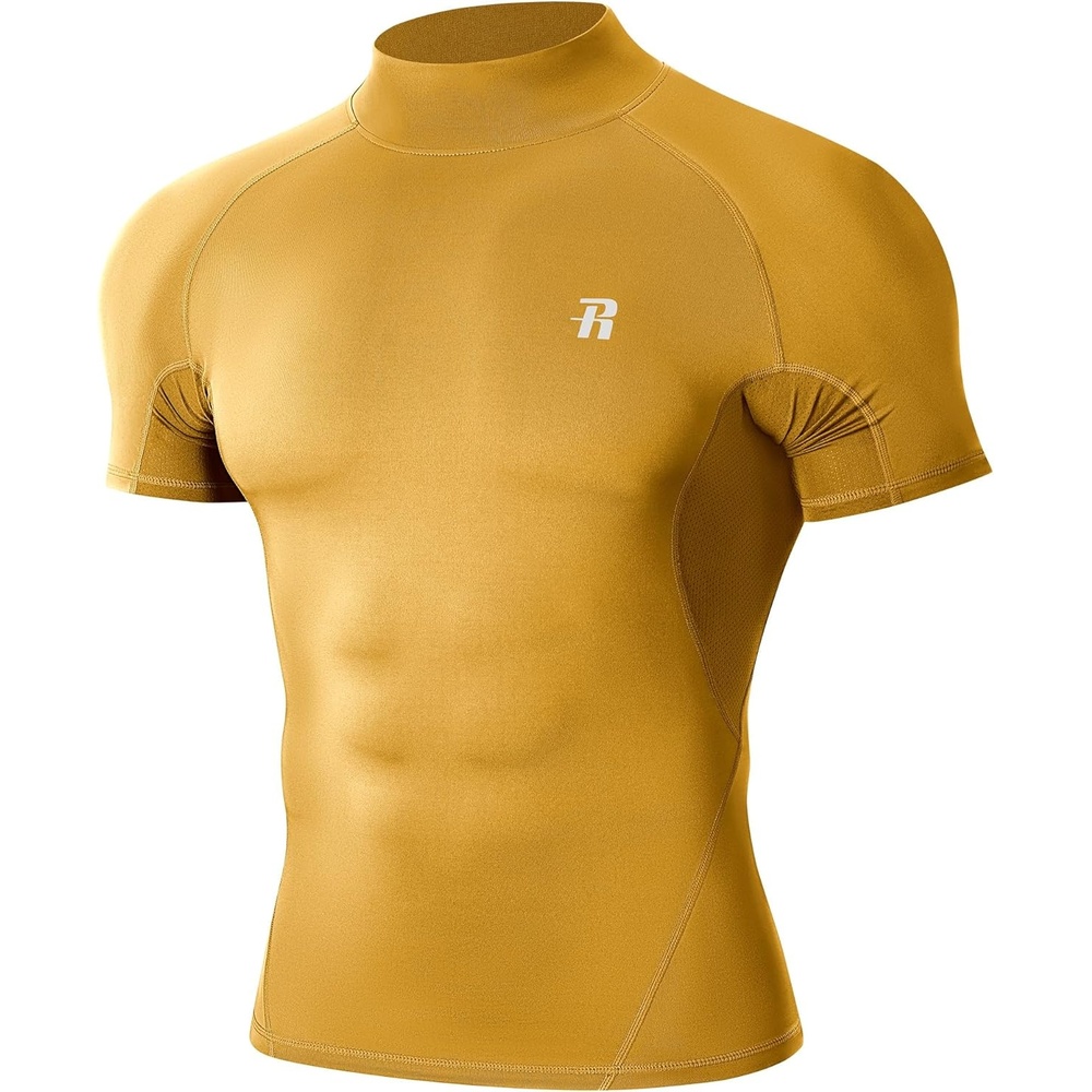 image:imageRunhit Mens Turtleneck Compression TShirt Short Sleeve Mock Neck Shirt UPF 50 Athletic Undershirt Football Gym RunningYellow