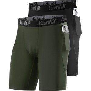 image:imageRunhit 2 Pack Mens Compression Shorts with Pockets 9 Performance Spandex Underwear Sport Athletic Workout Running Base LayerBlackolive Green