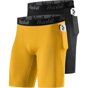 image:imageRunhit 2 Pack Mens Compression Shorts with Pockets 9 Performance Spandex Underwear Sport Athletic Workout Running Base LayerBlackturmeric Yellow