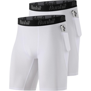 image:imageRunhit 2 Pack Mens Compression Shorts with Pockets 9 Performance Spandex Underwear Sport Athletic Workout Running Base LayerWhitewhite