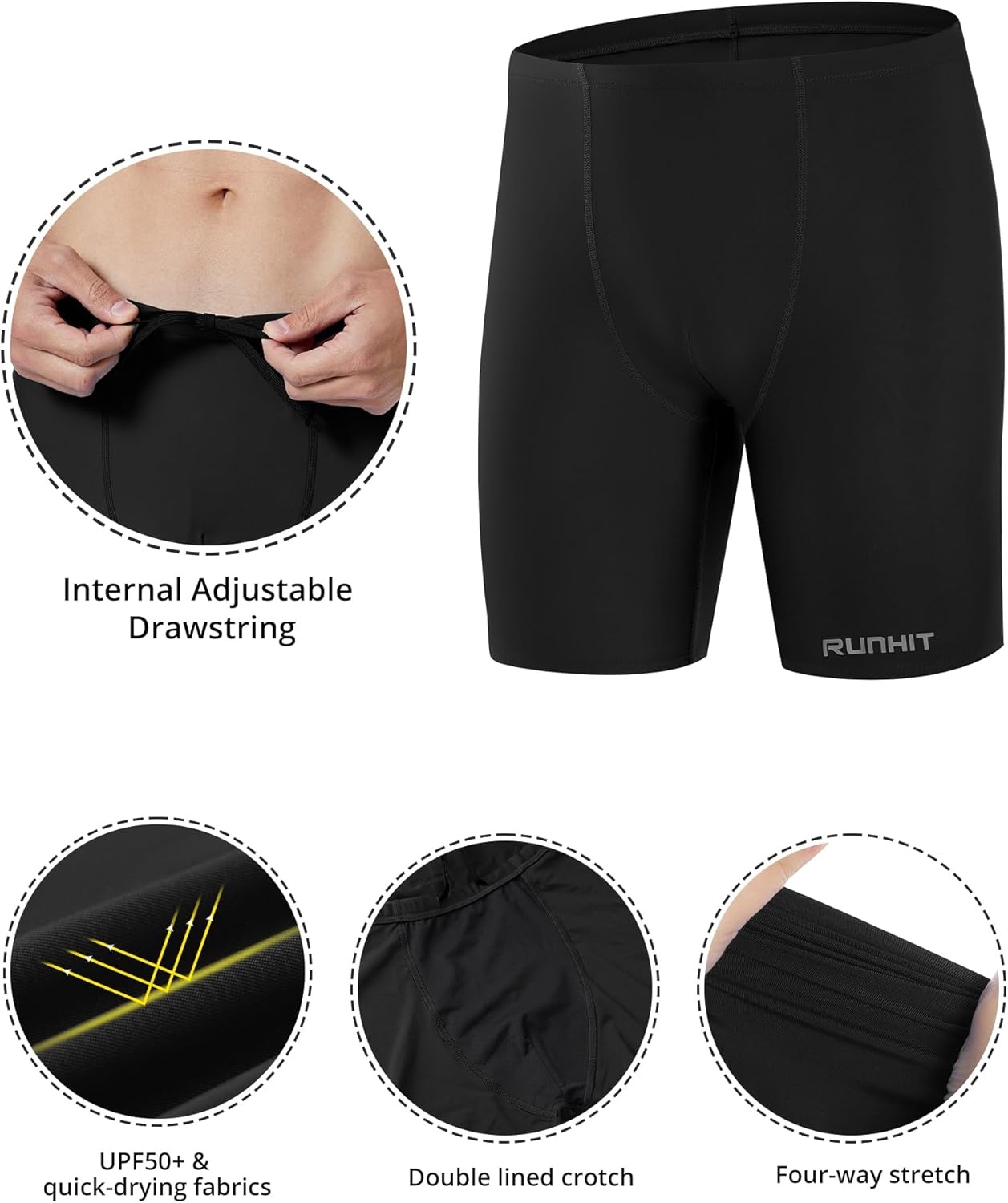 image:imageRunhit Mens Square Leg Swim Jammers Quick Dry Athletic Brief Swimsuit UPF 50 Compression Swimming ShortsBlack