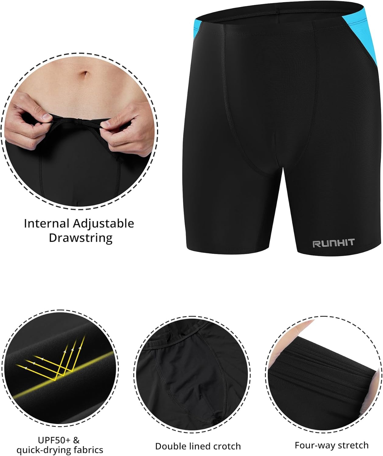 image:imageRunhit Mens Square Leg Swim Jammers Quick Dry Athletic Brief Swimsuit UPF 50 Compression Swimming ShortsBlack With Blue