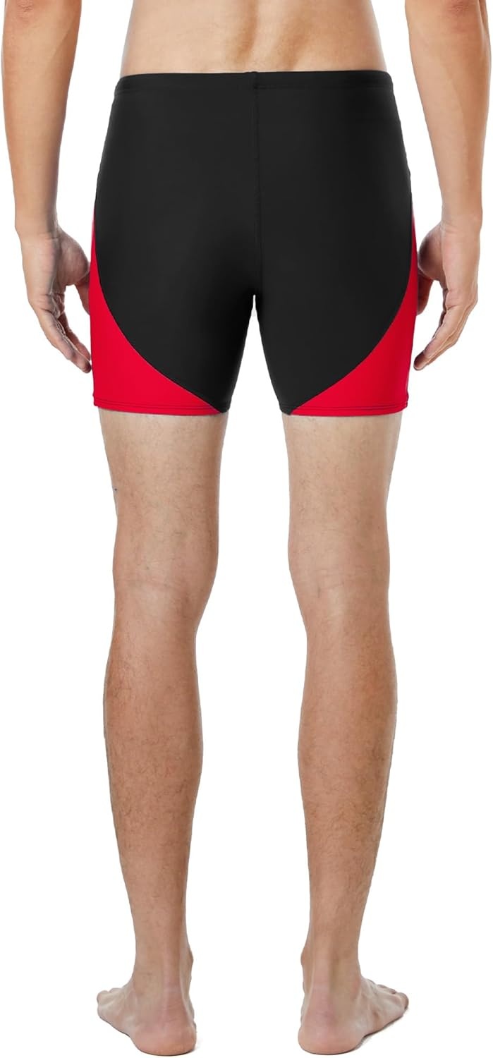 image:imageRunhit Mens Square Leg Swim Jammers Quick Dry Athletic Brief Swimsuit UPF 50 Compression Swimming ShortsBlack With Red
