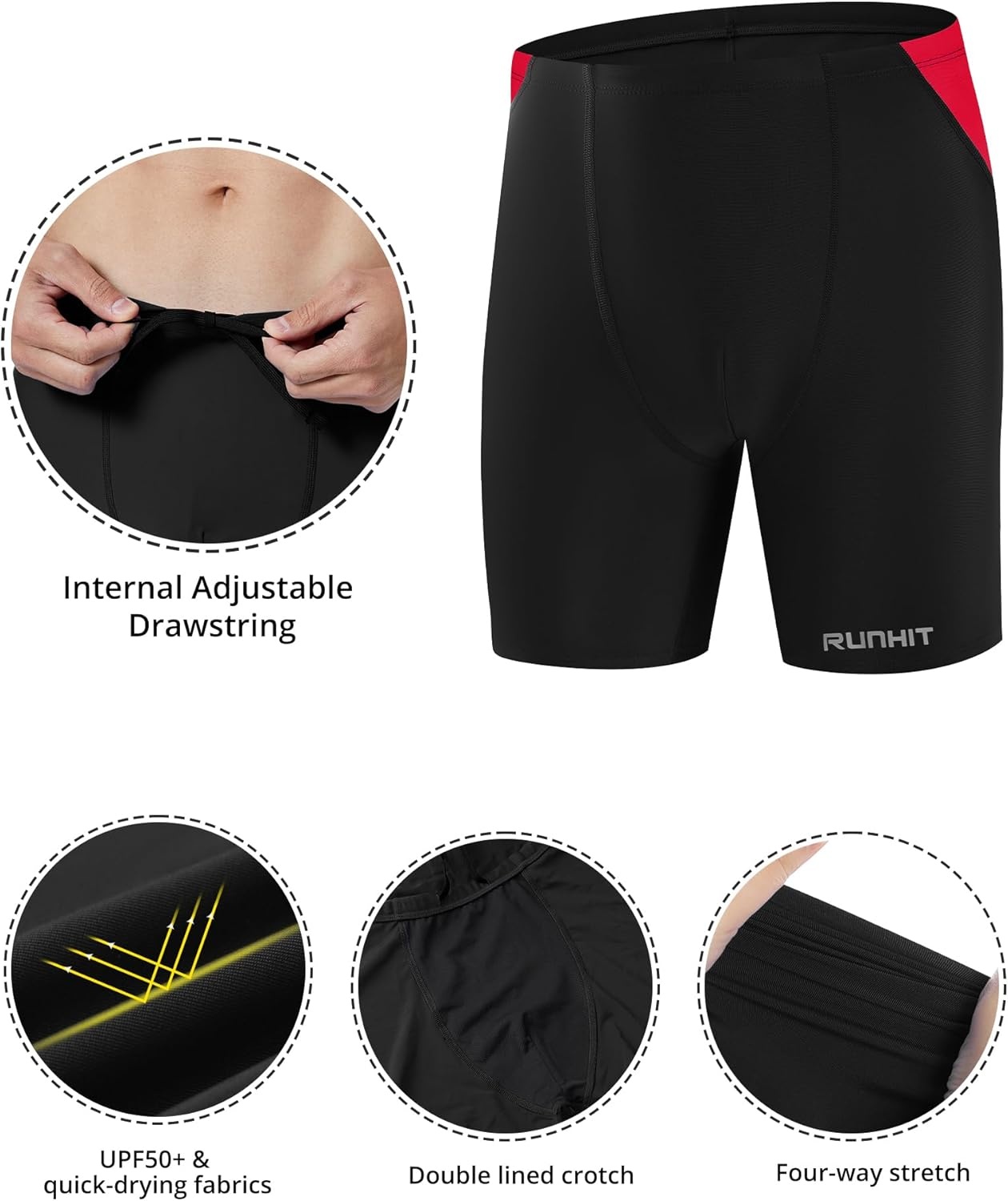 image:imageRunhit Mens Square Leg Swim Jammers Quick Dry Athletic Brief Swimsuit UPF 50 Compression Swimming ShortsBlack With Red