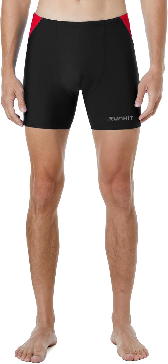 image:imageRunhit Mens Square Leg Swim Jammers Quick Dry Athletic Brief Swimsuit UPF 50 Compression Swimming ShortsBlack With Red