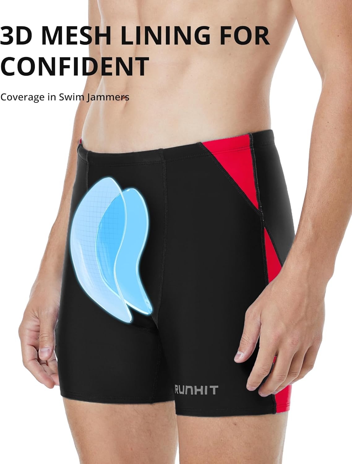 image:imageRunhit Mens Square Leg Swim Jammers Quick Dry Athletic Brief Swimsuit UPF 50 Compression Swimming ShortsBlack With Red