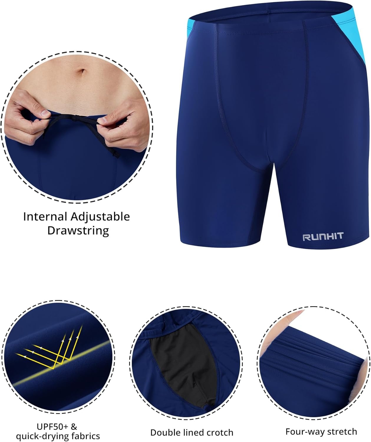 image:imageRunhit Mens Square Leg Swim Jammers Quick Dry Athletic Brief Swimsuit UPF 50 Compression Swimming ShortsNavy With Blue