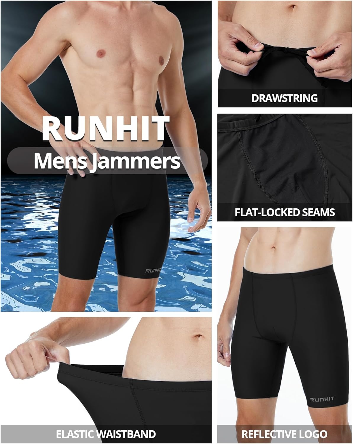 image:imageRunhit Mens Swim Jammers Competitive Swim Racing Team Swimsuit Quick Dry Athletic Swimming Shorts UPF 50Black