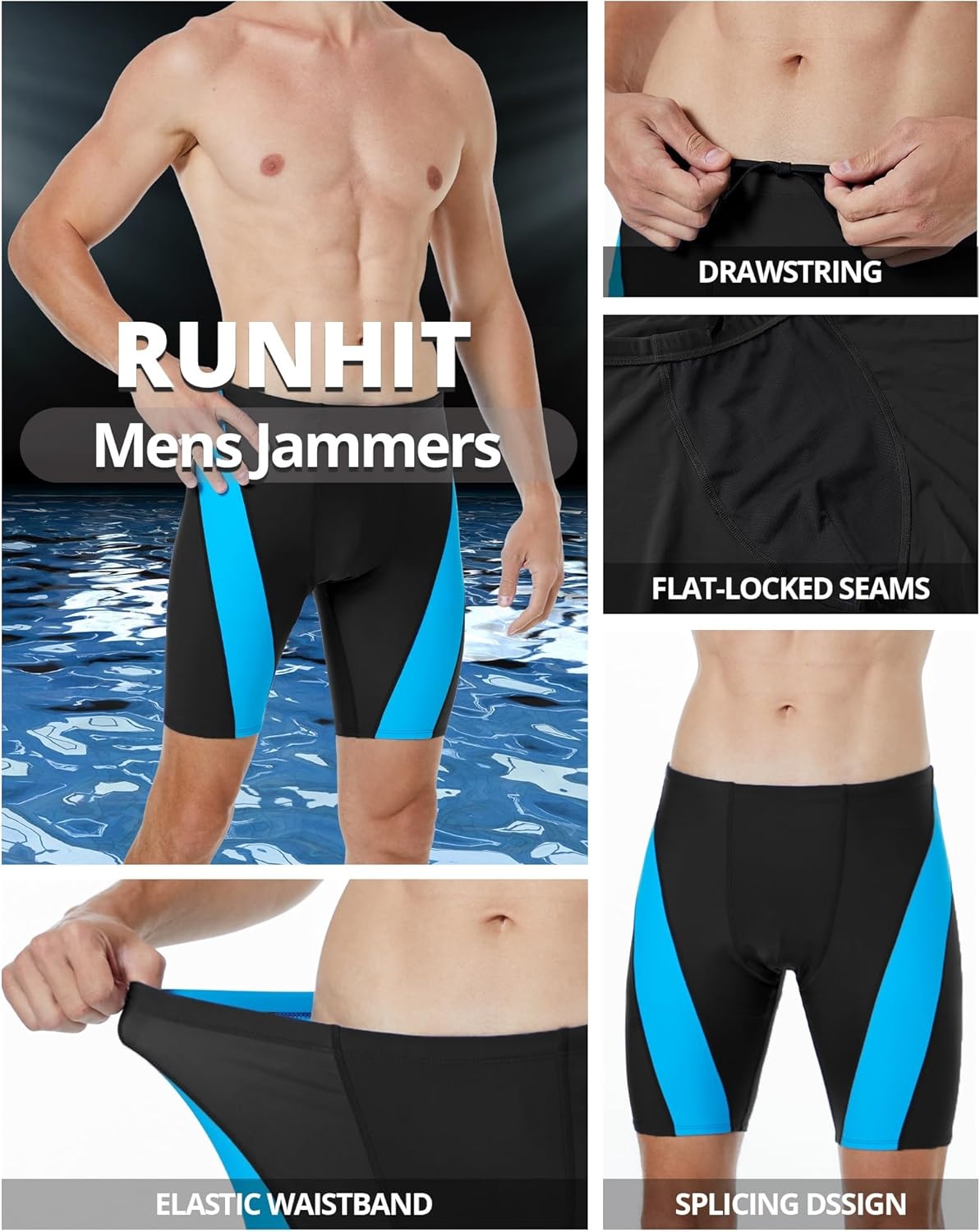 image:imageRunhit Mens Swim Jammers Competitive Swim Racing Team Swimsuit Quick Dry Athletic Swimming Shorts UPF 50Black and Blue Splicing