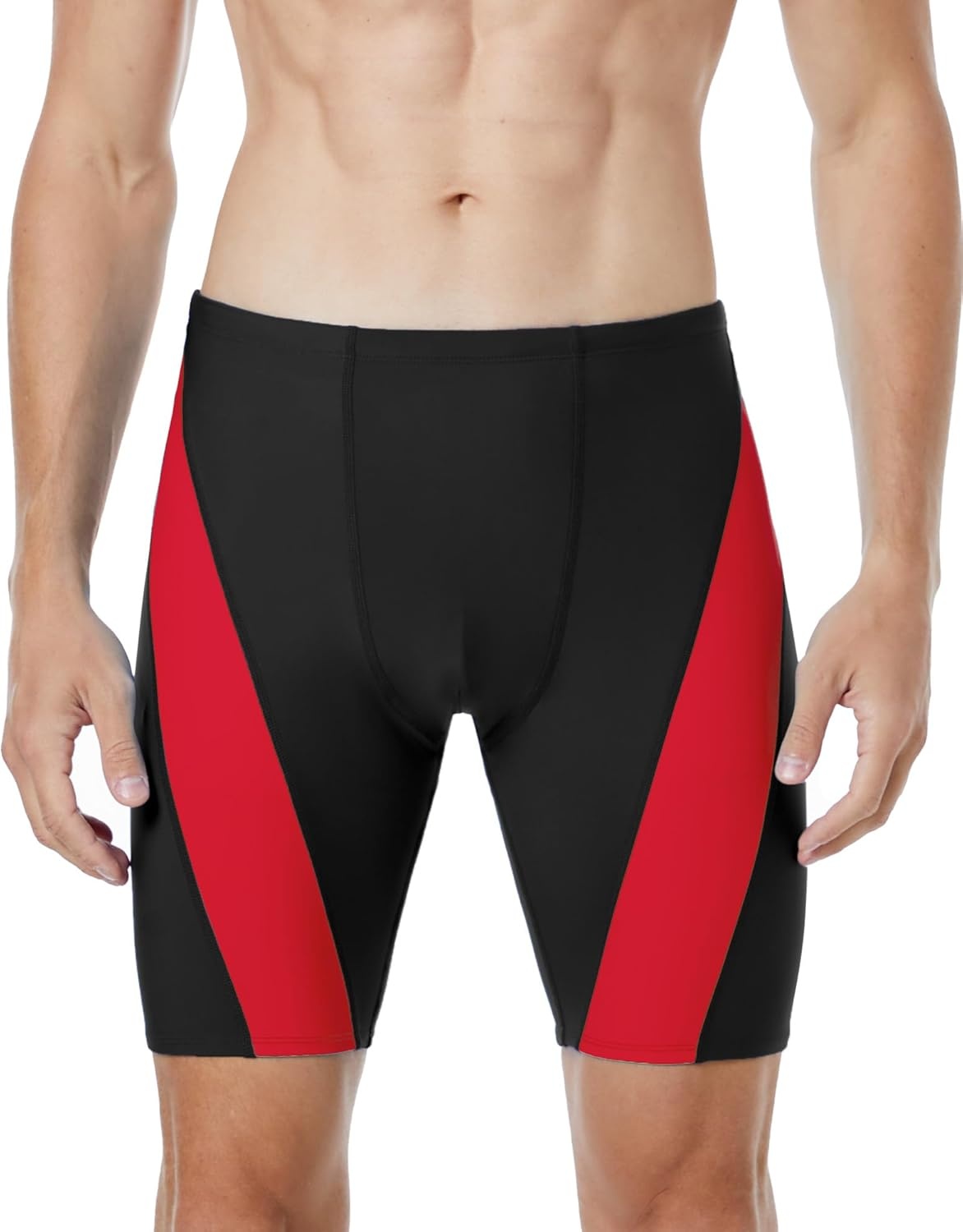 image:imageRunhit Mens Swim Jammers Competitive Swim Racing Team Swimsuit Quick Dry Athletic Swimming Shorts UPF 50Black and Red Splicing