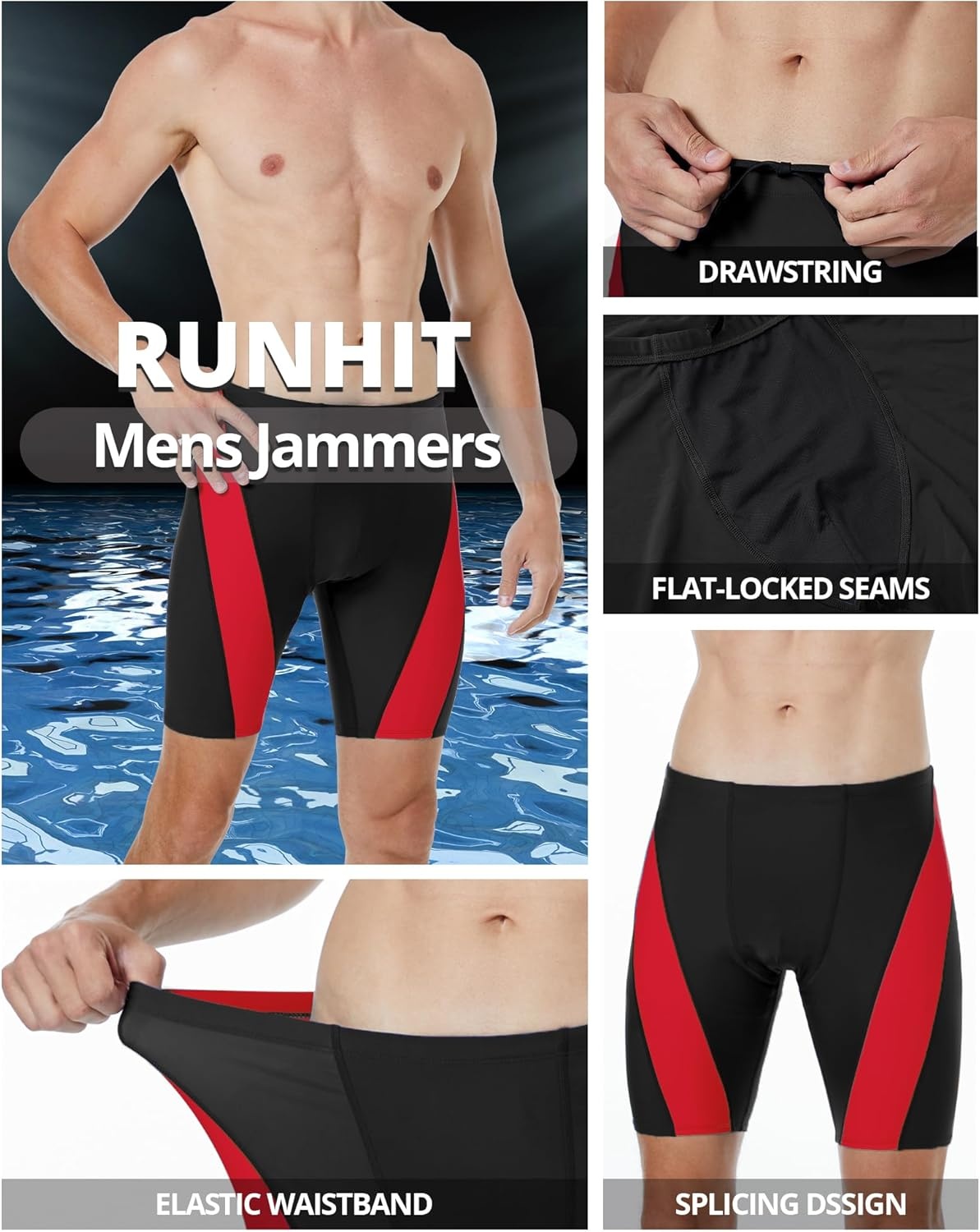 image:imageRunhit Mens Swim Jammers Competitive Swim Racing Team Swimsuit Quick Dry Athletic Swimming Shorts UPF 50Black and Red Splicing