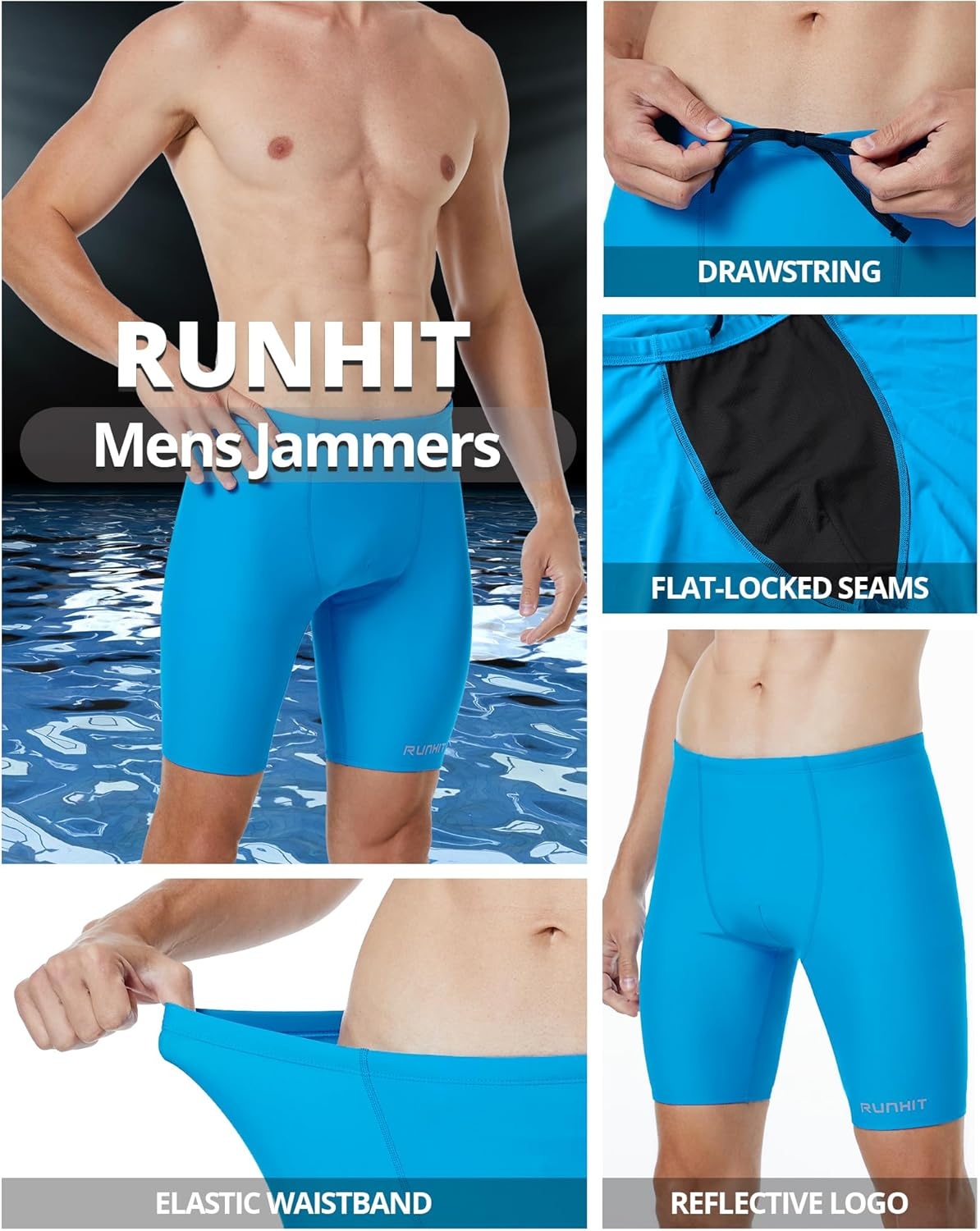image:imageRunhit Mens Swim Jammers Competitive Swim Racing Team Swimsuit Quick Dry Athletic Swimming Shorts UPF 50Blue