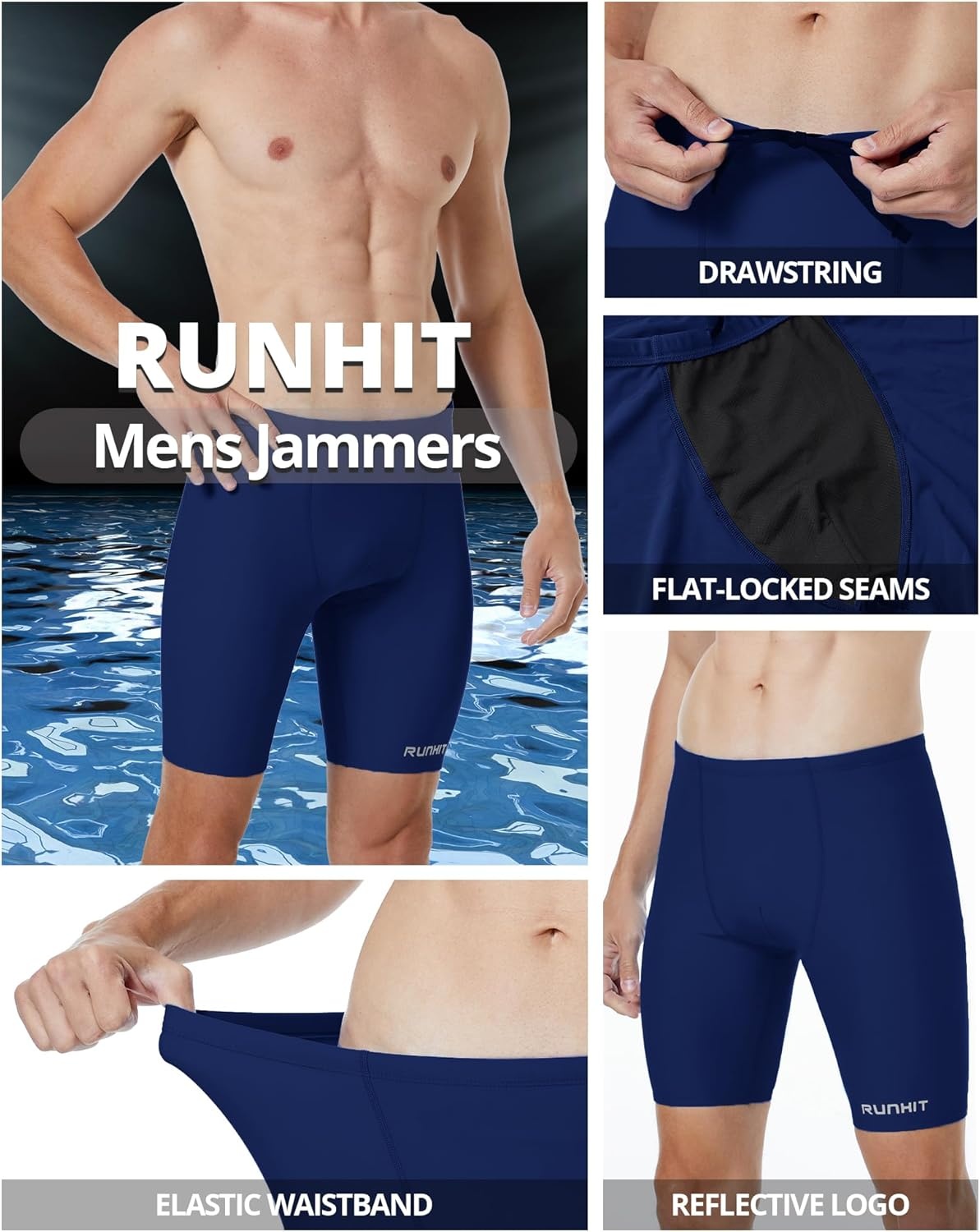 image:imageRunhit Mens Swim Jammers Competitive Swim Racing Team Swimsuit Quick Dry Athletic Swimming Shorts UPF 50Navy Blue