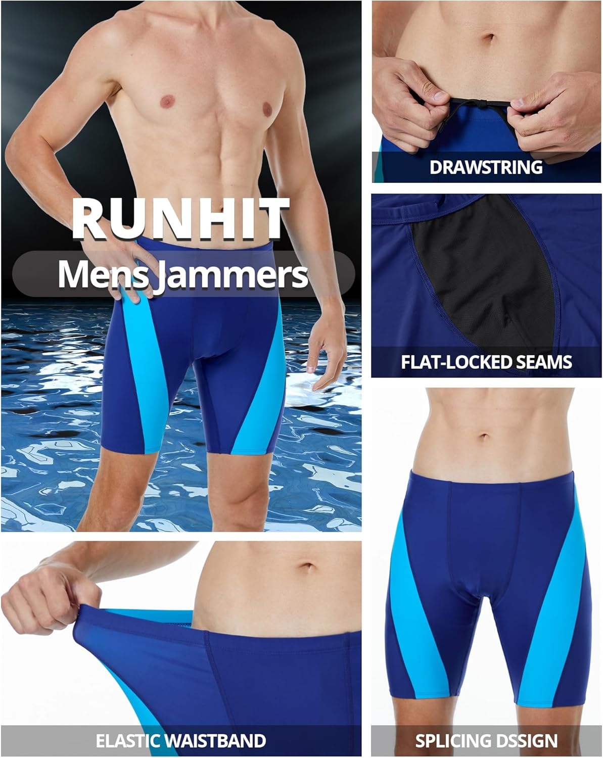 image:imageRunhit Mens Swim Jammers Competitive Swim Racing Team Swimsuit Quick Dry Athletic Swimming Shorts UPF 50Navy and Blue Splicing