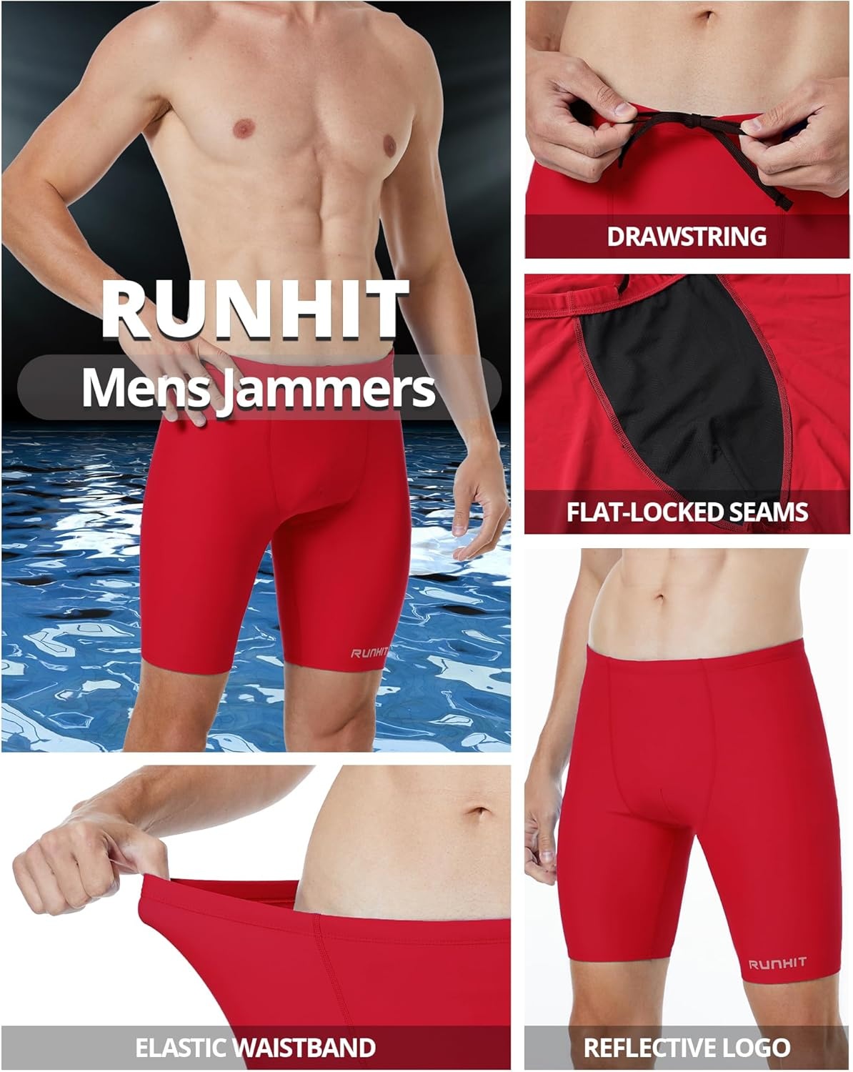 image:imageRunhit Mens Swim Jammers Competitive Swim Racing Team Swimsuit Quick Dry Athletic Swimming Shorts UPF 50Red