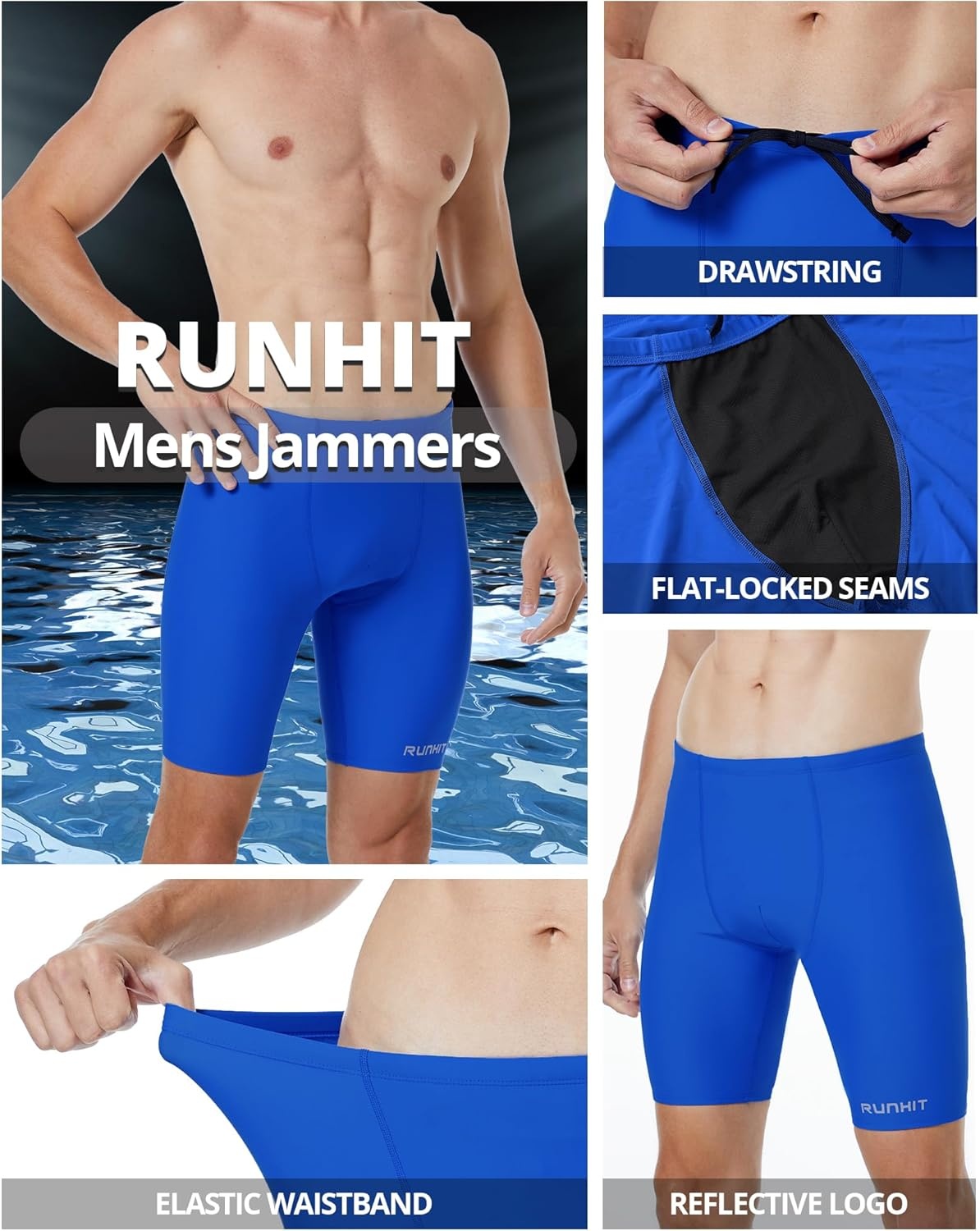 image:imageRunhit Mens Swim Jammers Competitive Swim Racing Team Swimsuit Quick Dry Athletic Swimming Shorts UPF 50Royal Blue