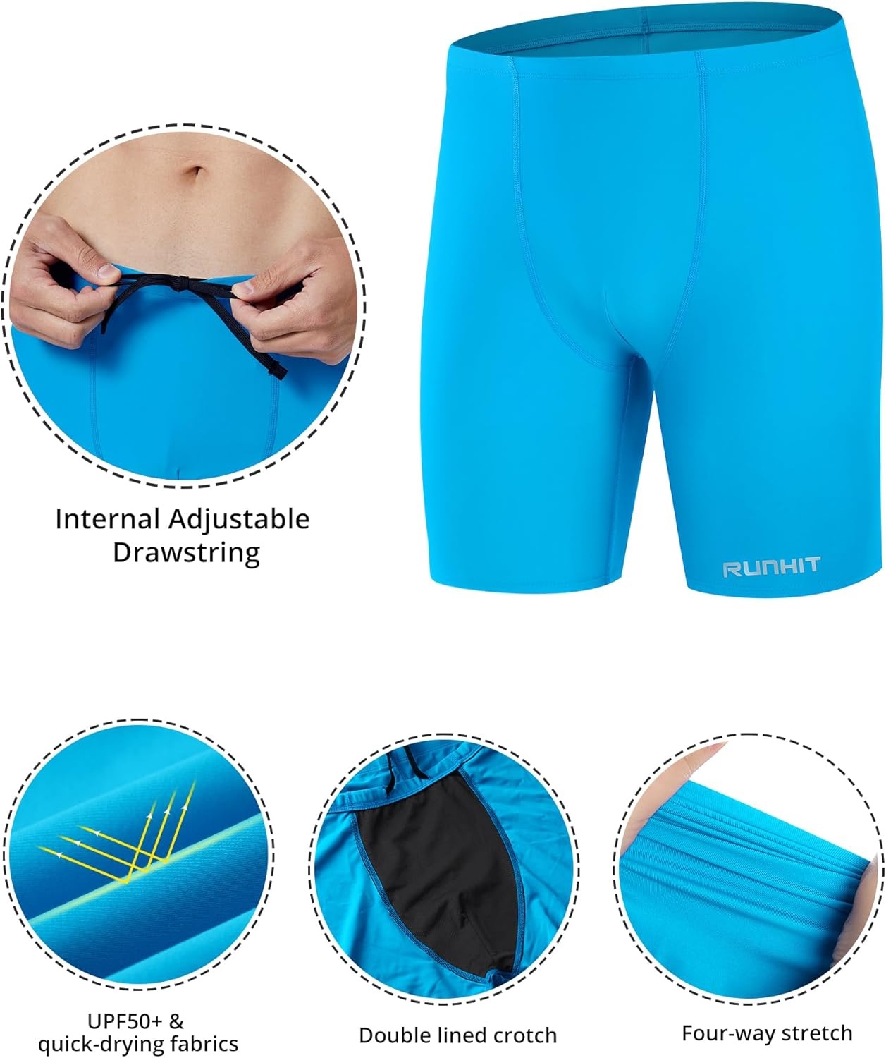 image:imageRunhit Swim Jammers for Men Square Leg Quick Dry Athletic Solid Brief Swimsuit UPF 50 Compression Swimming Shorts Blue S